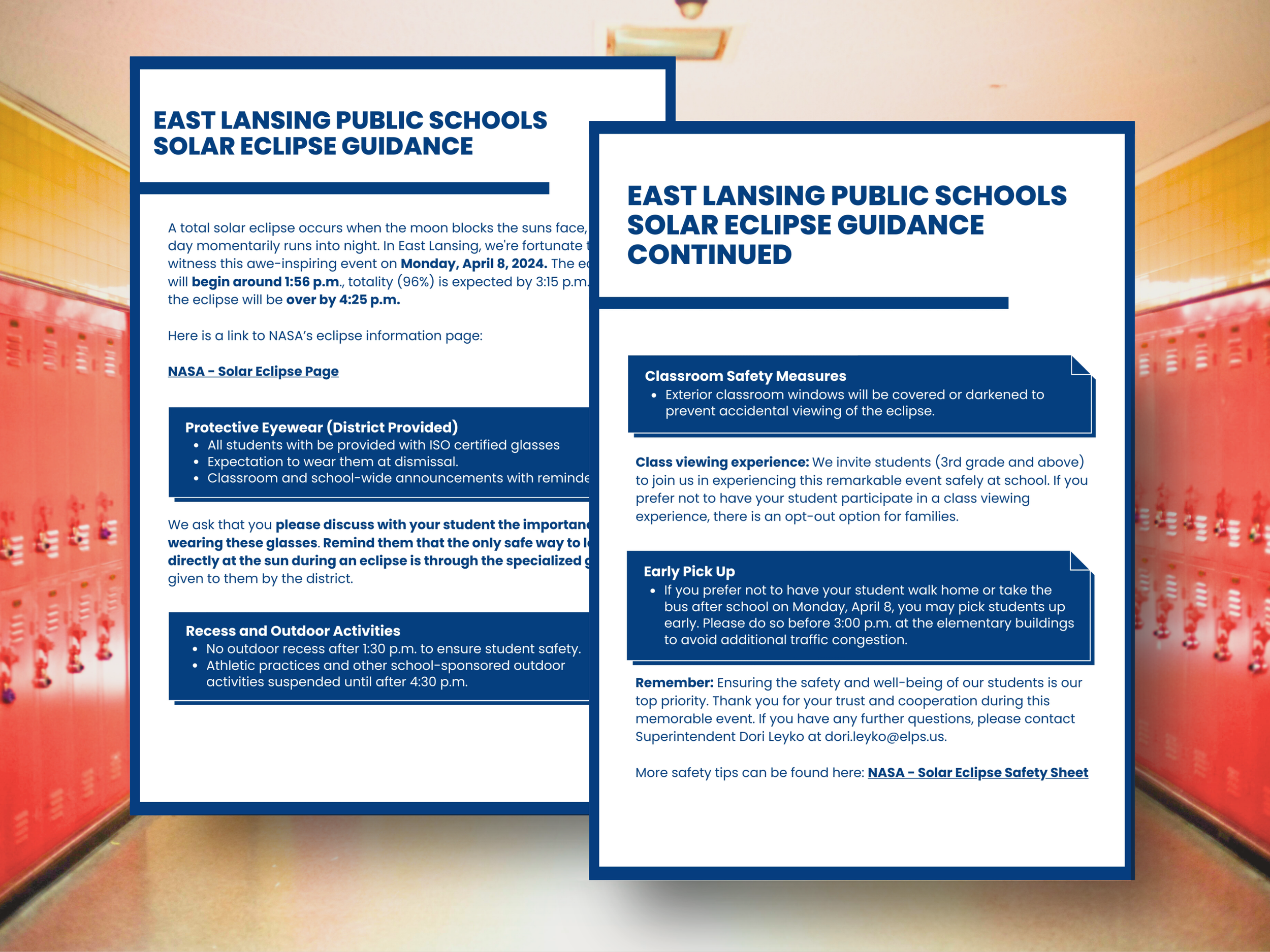 Flyer about the Solar Eclipse event at East Lansing Public Schools, mentioning the date and safety measures.