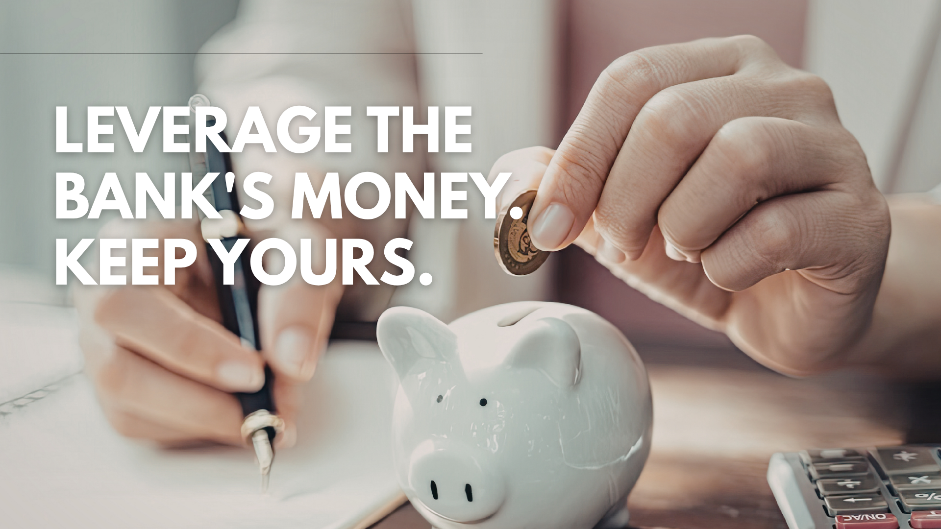 Person inserting a coin into a piggy bank with a background showing a calculator and a pen.