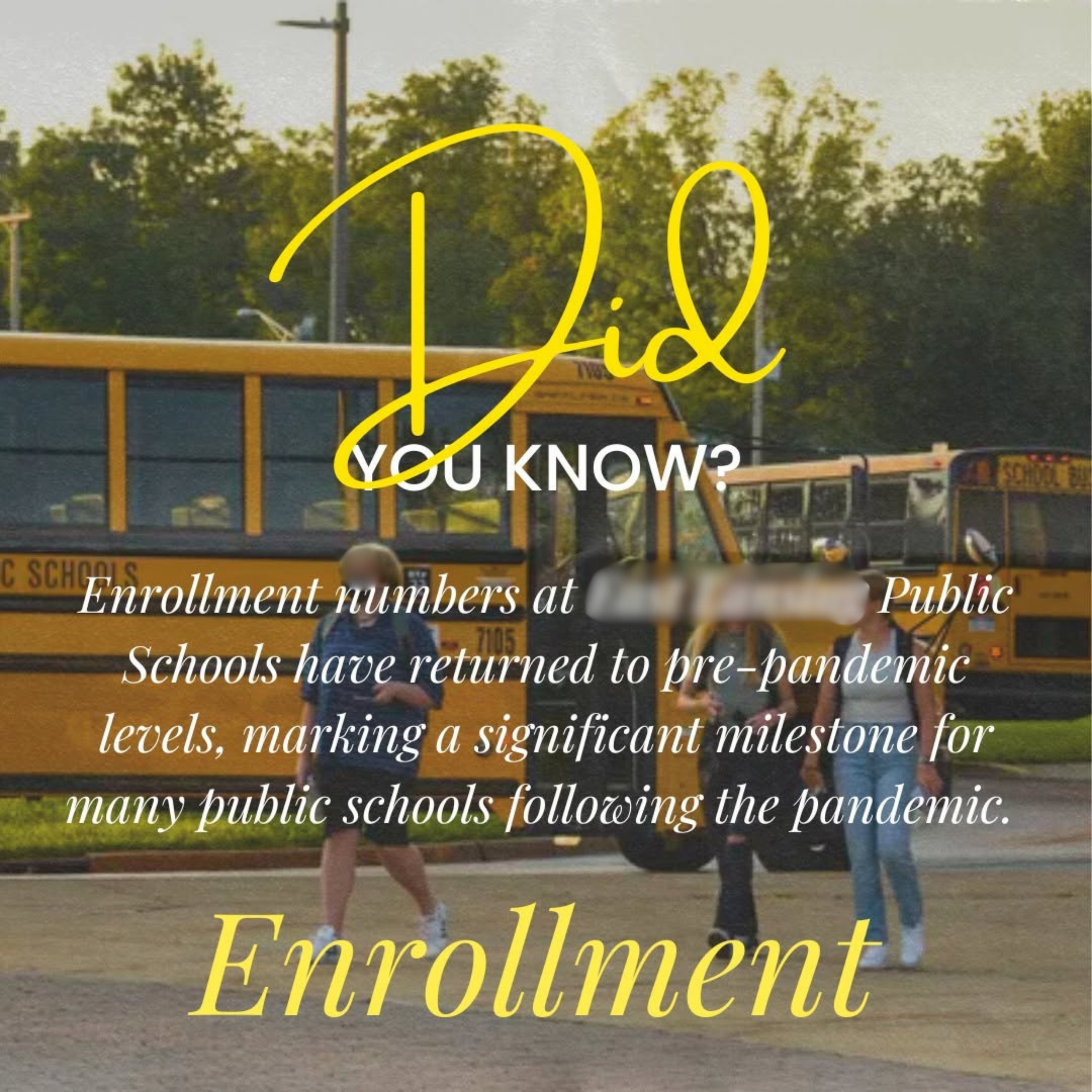 Image of school buses with a large text overlay about enrollment numbers and reopening schools after the pandemic.