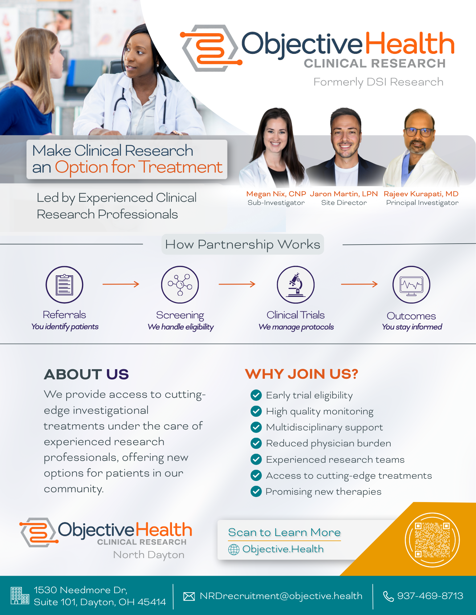 Brochure for Objective Health Clinical Research featuring a doctor speaking with a patient, team photos of healthcare professionals, information about clinical research partnership process, reasons to join, about the organization, and contact details