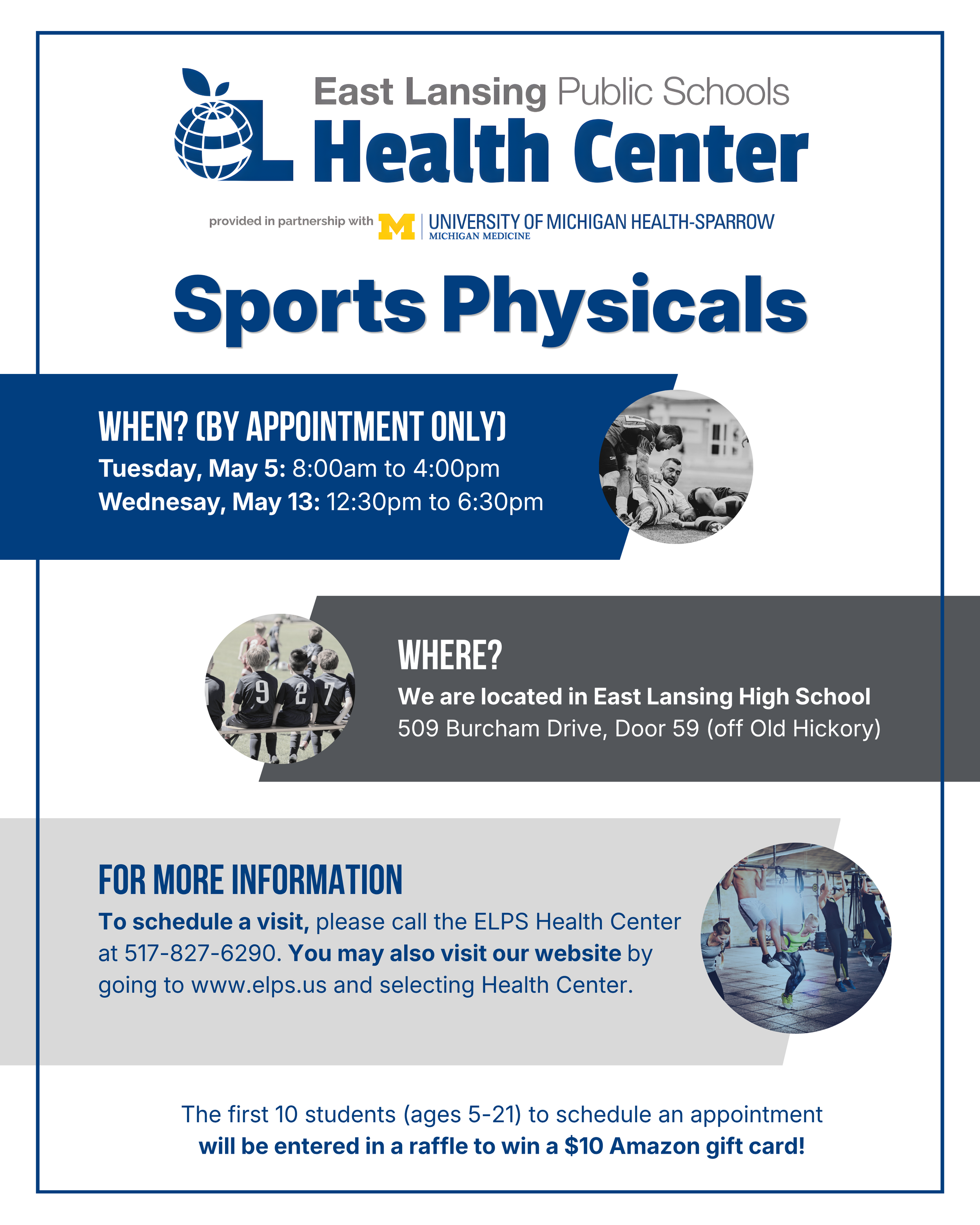 Flyer for East Lansing Public Schools Health Center promoting sports physicals, with operation hours on May 5 and May 13, and location details at East Lansing High School. Contains a photo of athletes and health-related images.