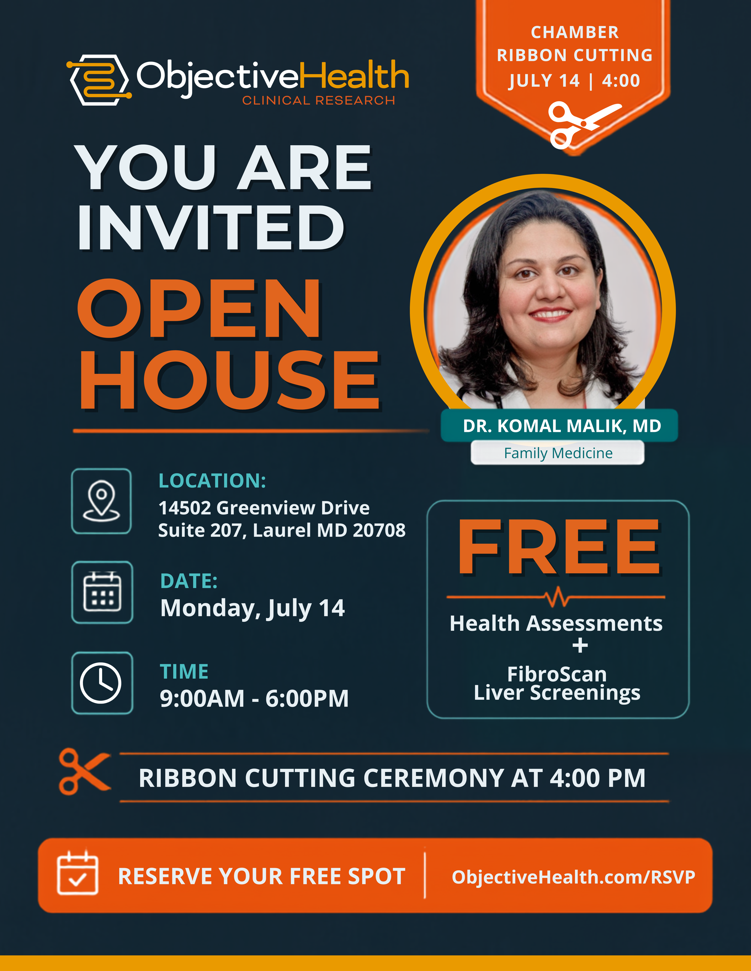 Flyer for Objective Health clinical research open house event. The event is scheduled for July 14 at 4:00 PM, with Dr. Komal Malik, MD, specializing in family medicine. The flyer provides the location, date, and time details, and encourages reservati