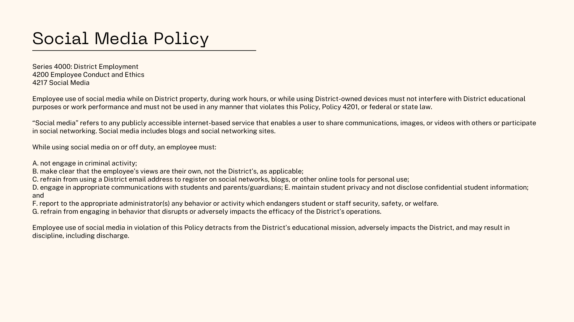Social media policy document with guidelines for district employees regarding appropriate use of social media, including definitions, restrictions, and disciplinary measures.