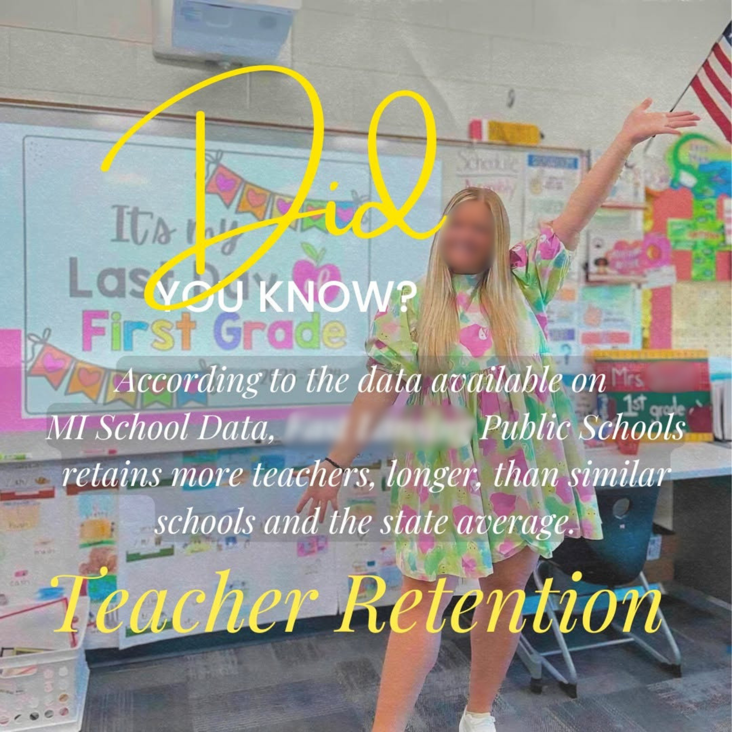 A classroom setting with a girl wearing a colorful dress, standing in front of a decorated bulletin board that features images of apples and a banner reading 'First Grade.' The text overlay on the image reads, 'Did you know? According to the data ava