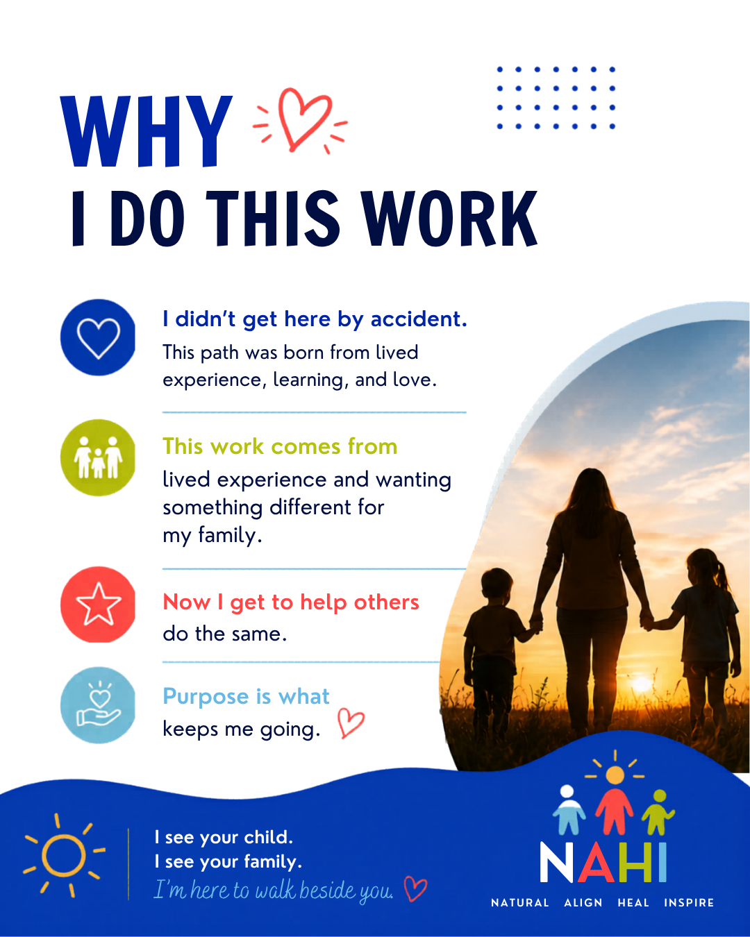 A poster with the title 'Why I do this work' featuring a woman with two children holding hands at sunset, accompanied by colorful icons and text explaining the motivation behind their work, including themes of love, experience, helping others, and pu