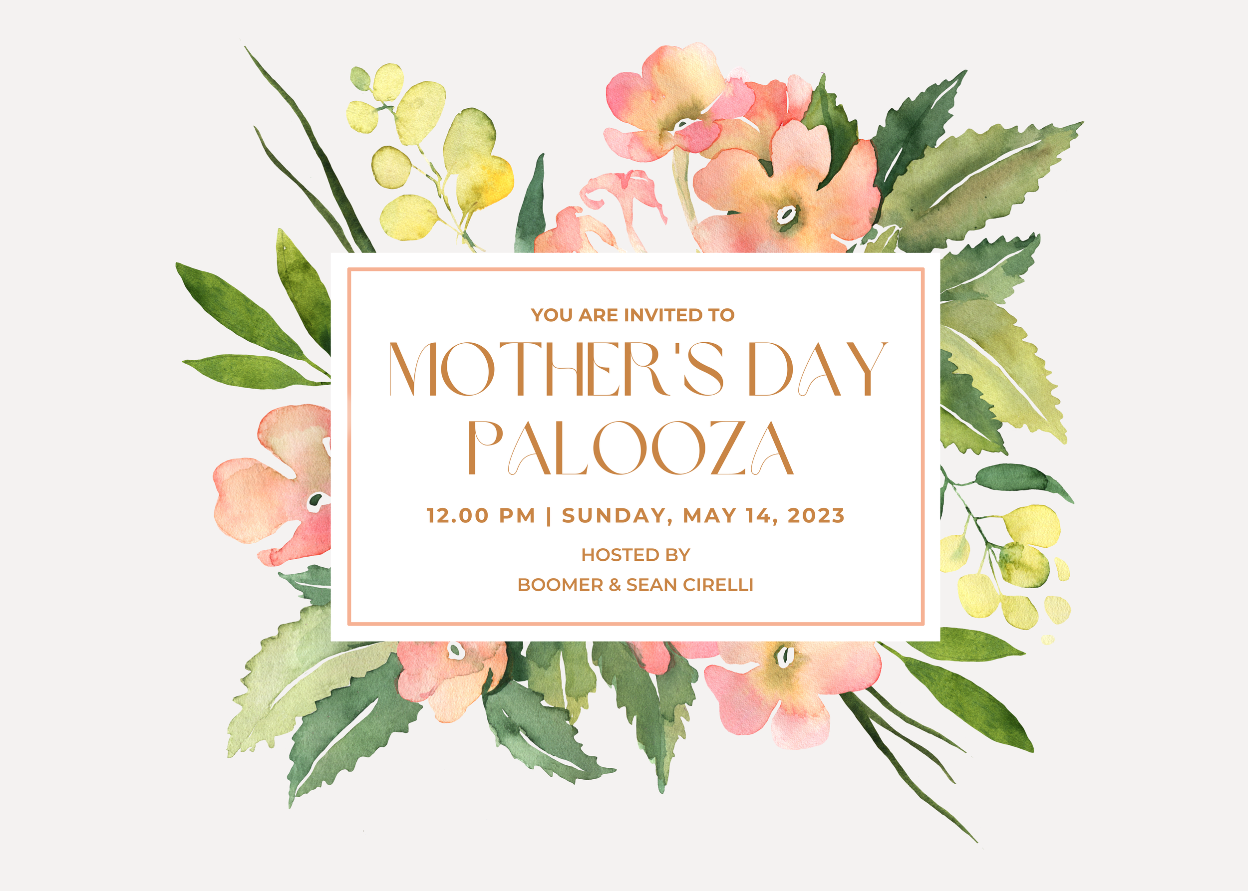 Invitation for a Mother's Day Palooza with watercolor floral border, event details including time, date, and hosts.