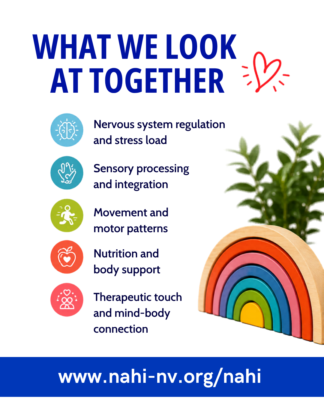 Poster titled 'What We Look at Together' with icons and text about nervous system regulation, sensory processing, movement patterns, nutrition, and therapeutic touch, featuring a rainbow-colored wooden rainbow and a green plant.