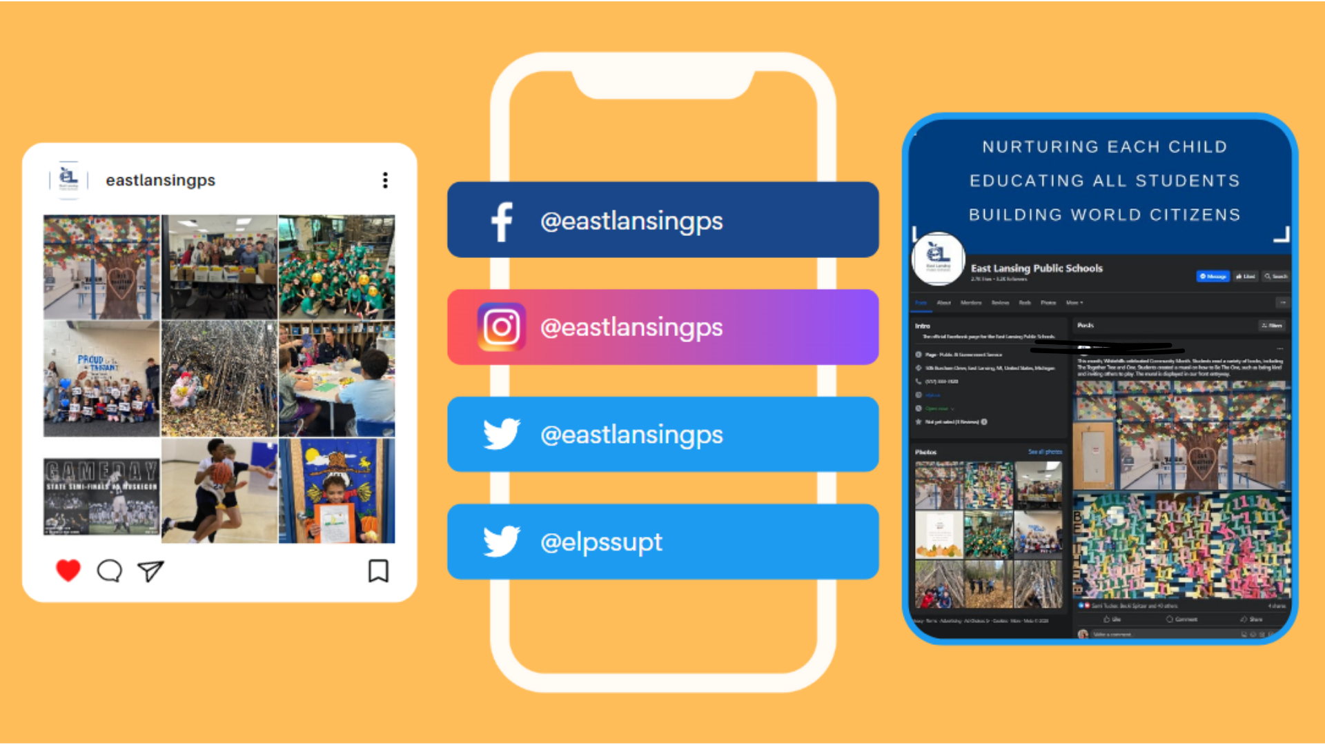 Social media page showcasing photos of children and community activities, with contact information and social media handles for East Lansing Public Schools against an orange background.
