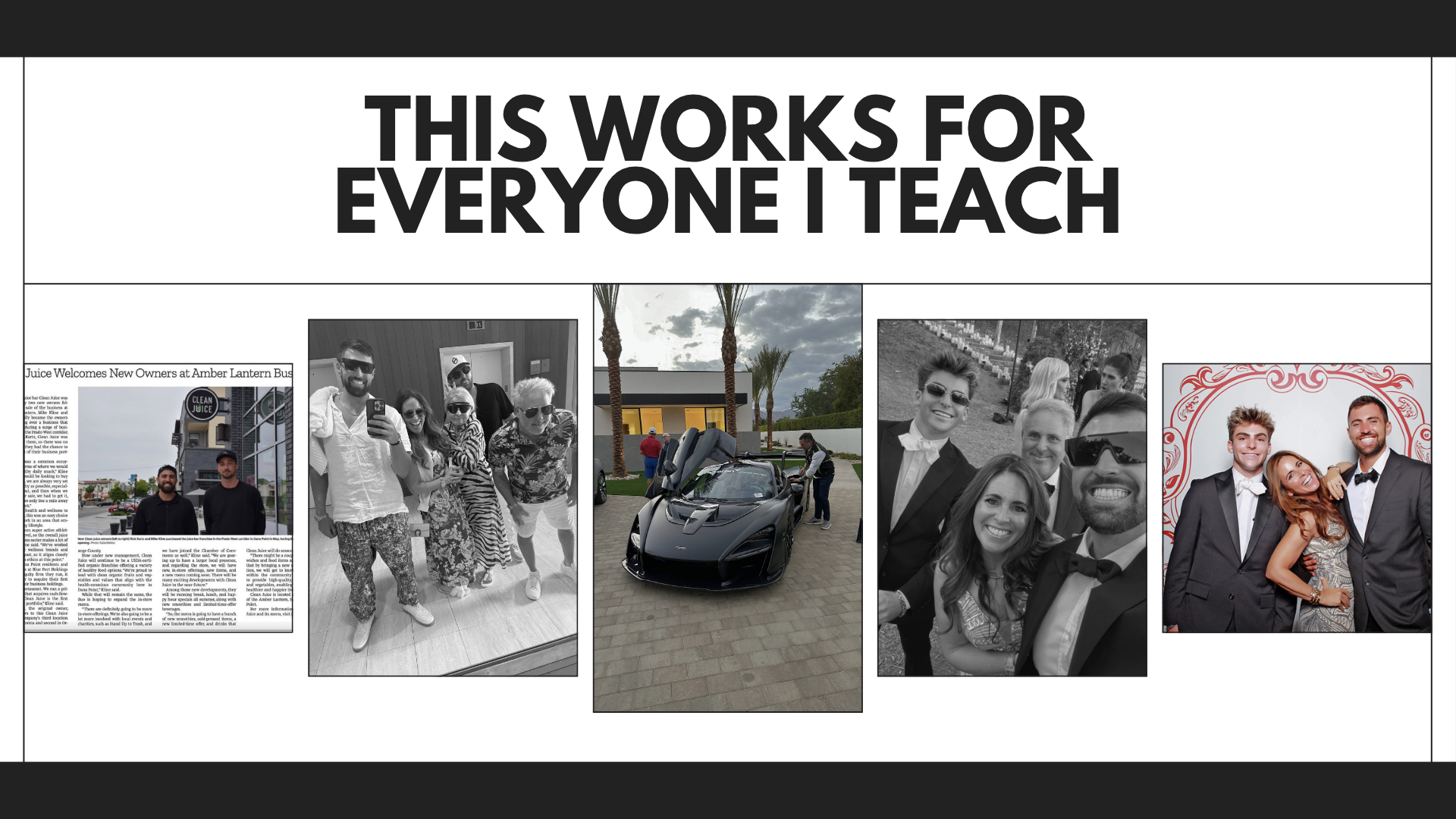 Collage of photographs including a newspaper headline about Juice welcoming new owners, a group of five diverse people smiling and taking selfies, a luxury sports car outside a modern building, a group at a wedding dressed in formal attire, and a cou