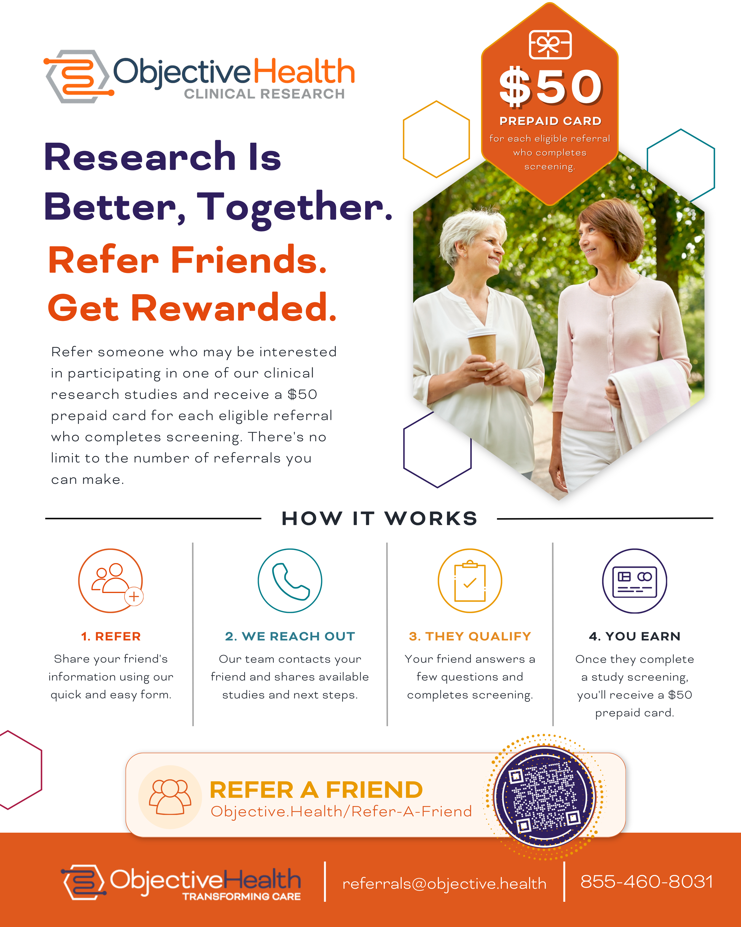 Promotional flyer for ObjectiveHealth clinical research, featuring a logo, a headline stating "Research is Better, Together. Refer Friends. Get Rewarded," an image of two smiling women outdoors, and a $50 prepaid card offer for referrals who complete
