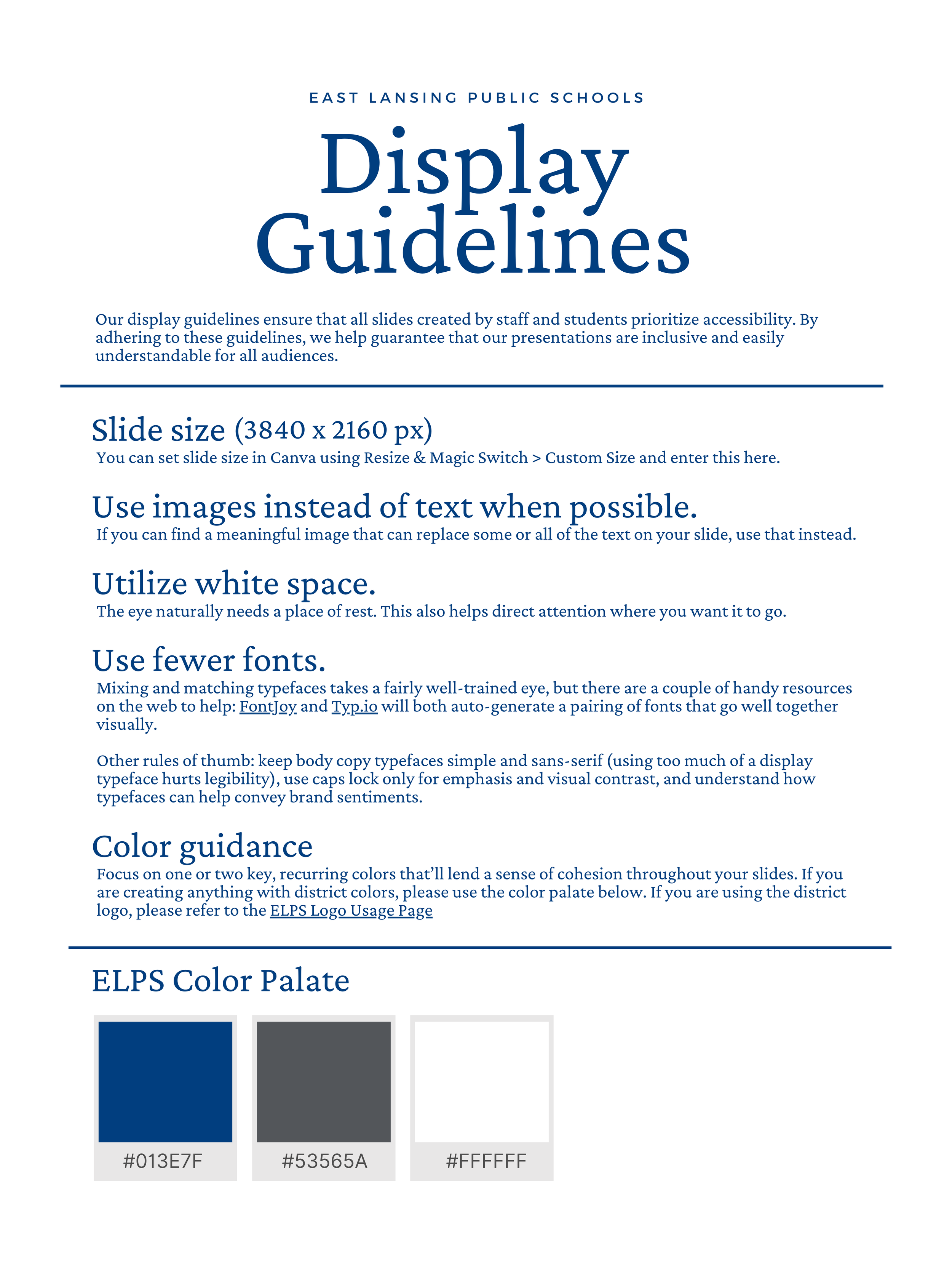 Guide titled 'Display Guidelines' from East Lansing Public Schools outlining recommendations for slide creation, including slide size, use of images, white space, font choices, color guidance, and color palette with color swatches.