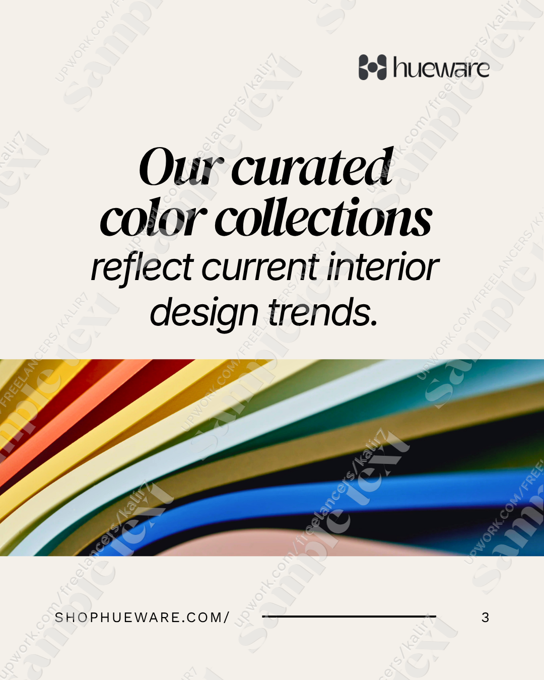 An advertisement for Hueware's curated color collections showing color swatches and text about interior design trends.