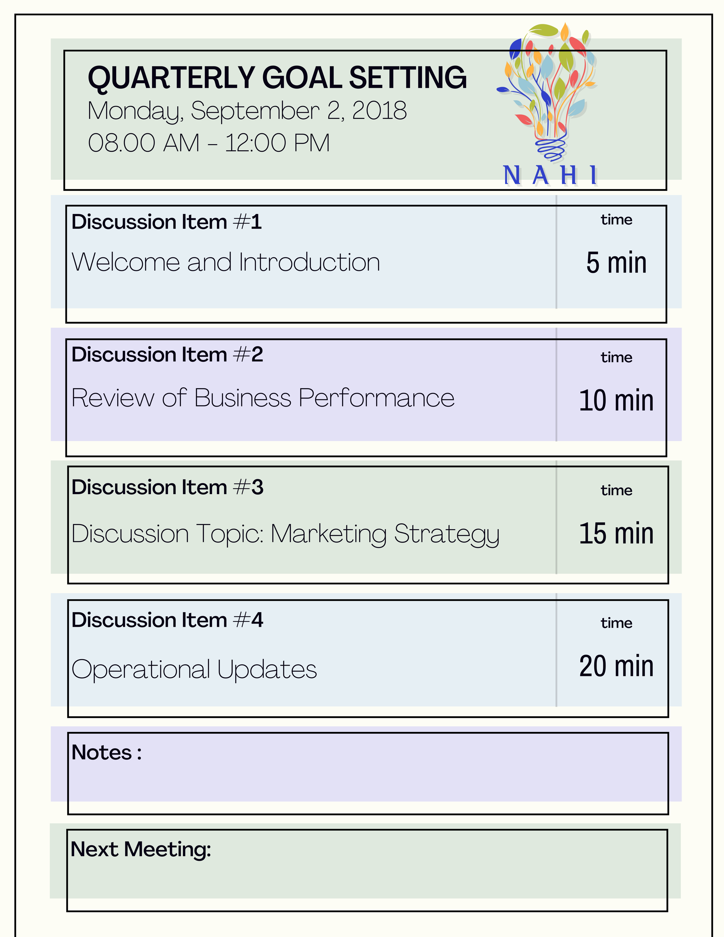 Schedule for quarterly goal setting meeting with discussion topics, times, and notes section.