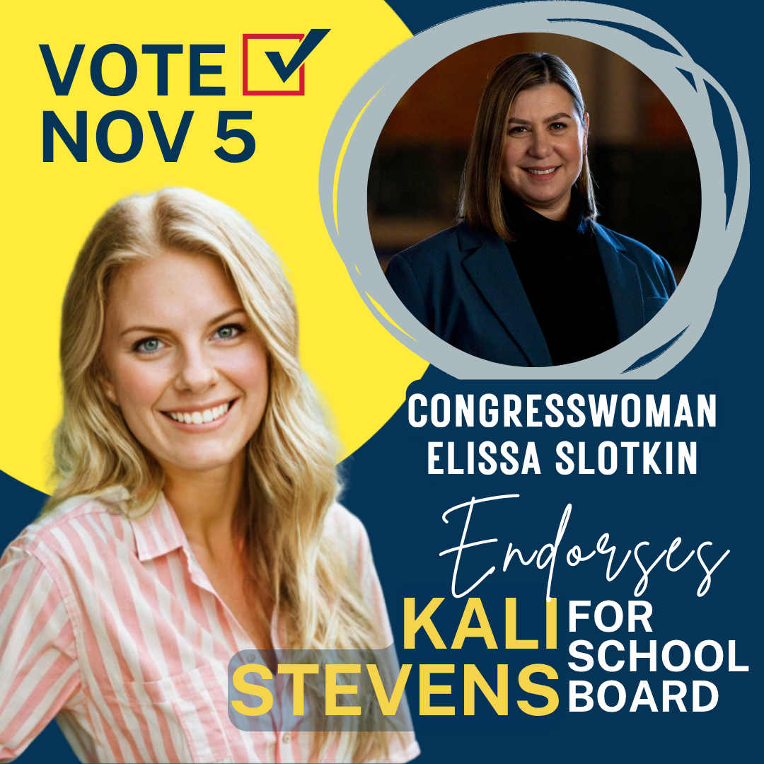 A political campaign poster featuring a smiling young woman with blonde hair, wearing a pink and white striped shirt, and an image of Congresswoman Elissa Slotkin in a dark blazer. The poster promotes voting on November 5 and endorses Kali Stevens fo