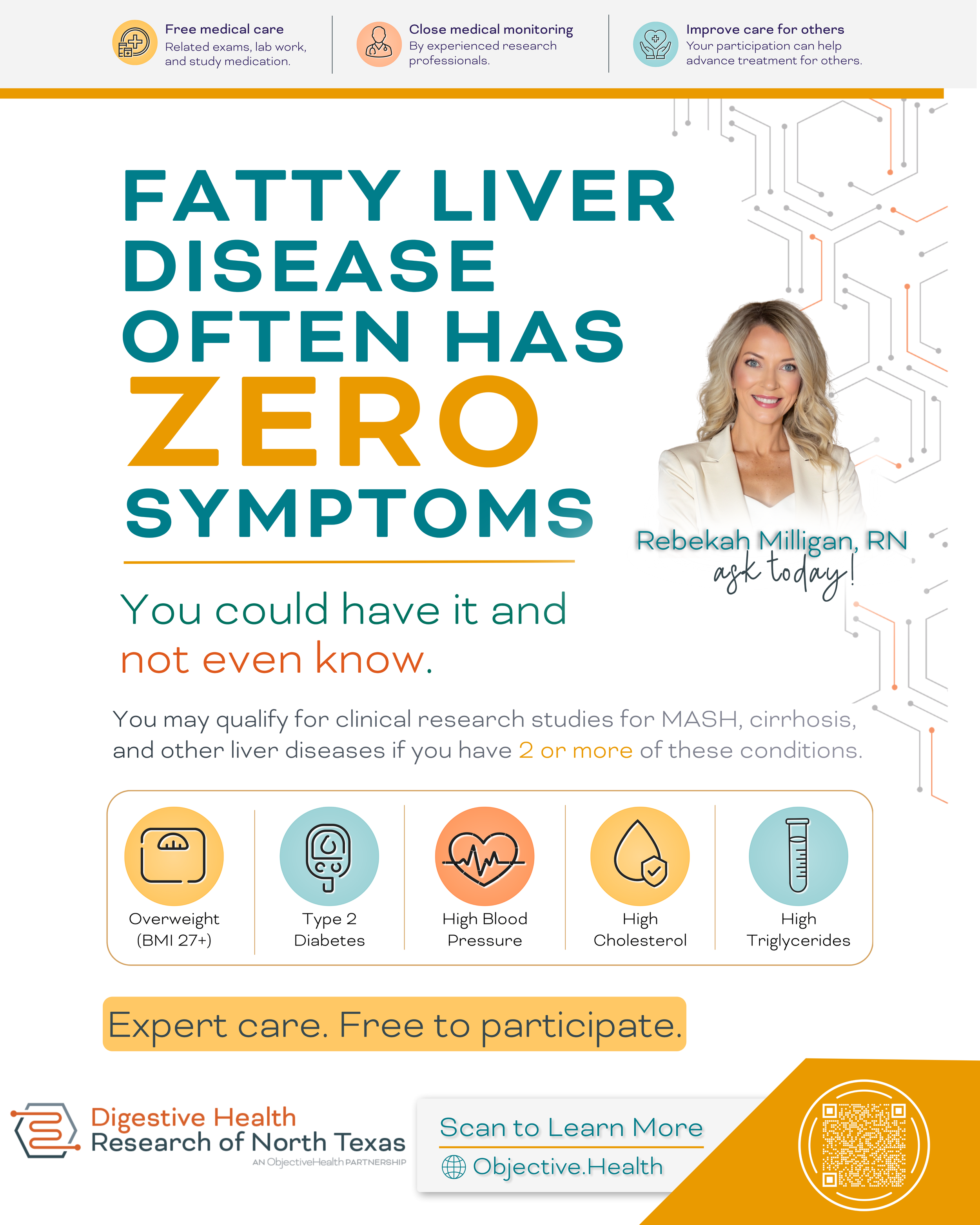 A medical infographic discussing fatty liver disease, highlighting that it often has zero symptoms. The infographic mentions that many people may have it without knowing. It includes icons representing overweight BMI, Type 2 Diabetes, High Blood Pres