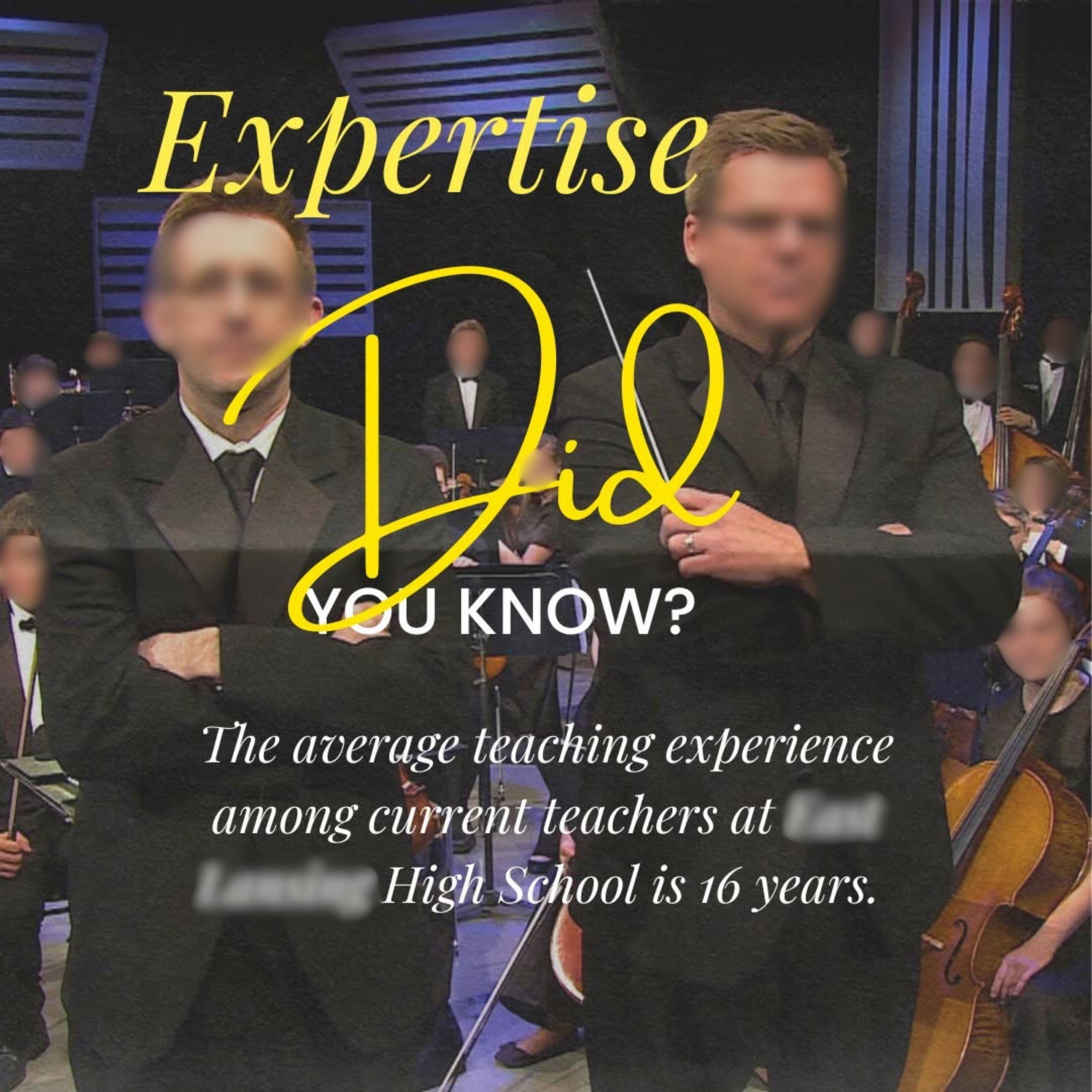Two teachers standing in front of a band with string instruments, dressed in formal attire, with a graphic overlay of yellow and white text about teaching experience.