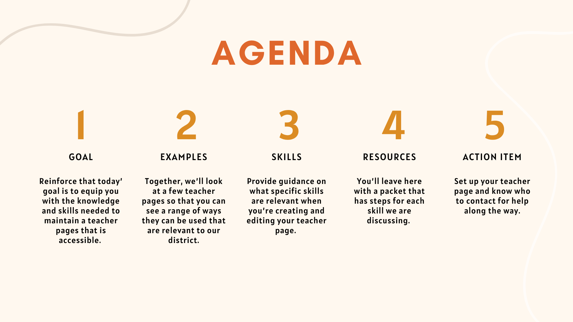 A colorful educational agenda slide with sections numbered 1 to 5, titled Goal, Examples, Skills, Resources, and Action Item, each containing descriptive text.