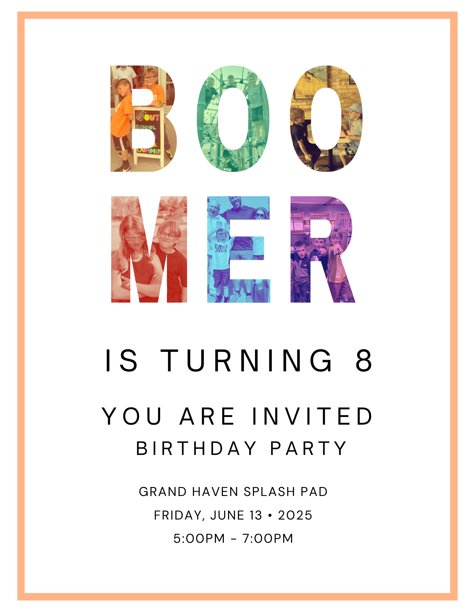 Brightly colored birthday invitation with the words "100 Miler" filled with images of children at various activities, including children at school, playing outdoors, and visiting a cafe, with event details below.
