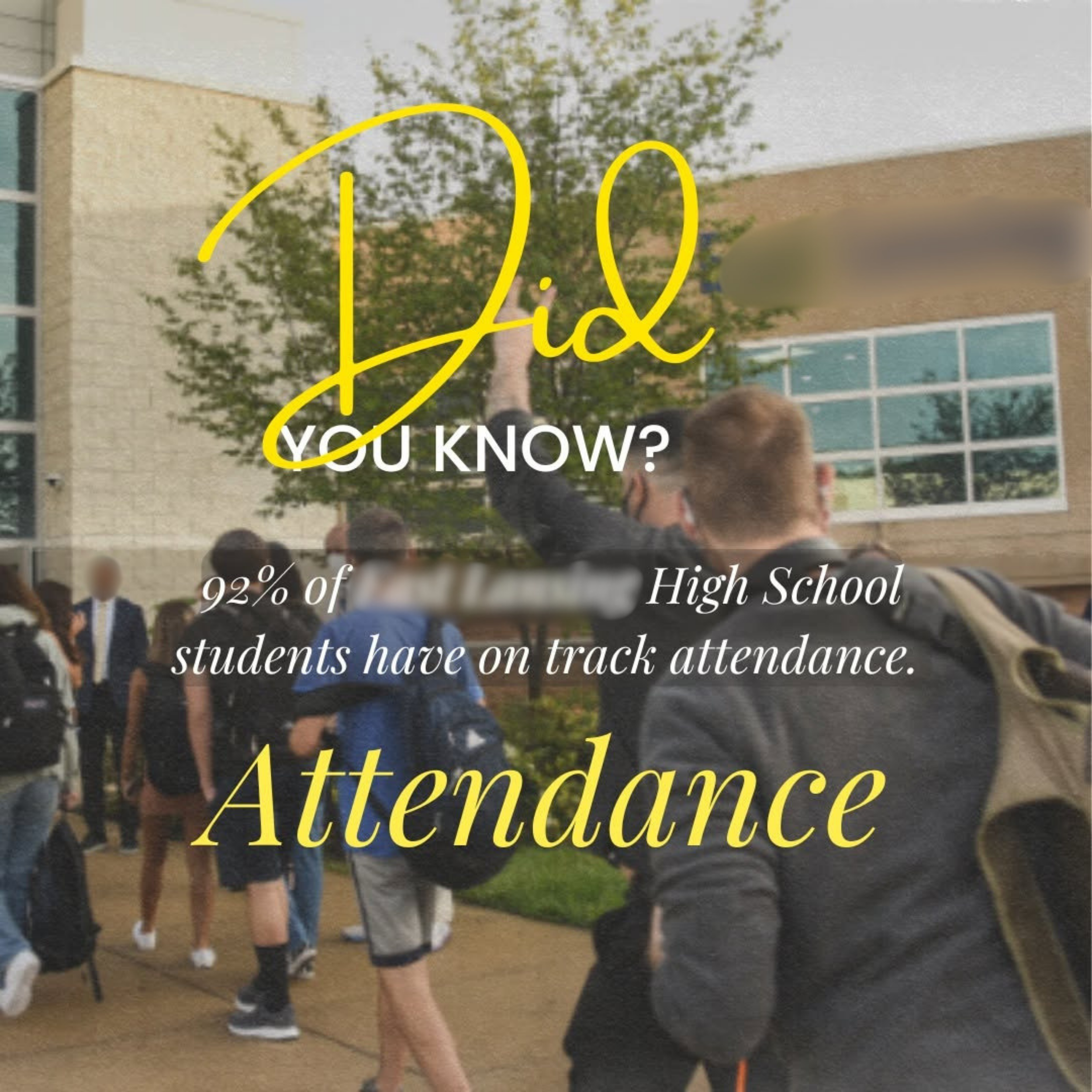 Students walking in line outside a building with glass windows and beige walls. Overlaid text reads: 'Did you know? 92% of High School students have on track attendance. Adapted from'.