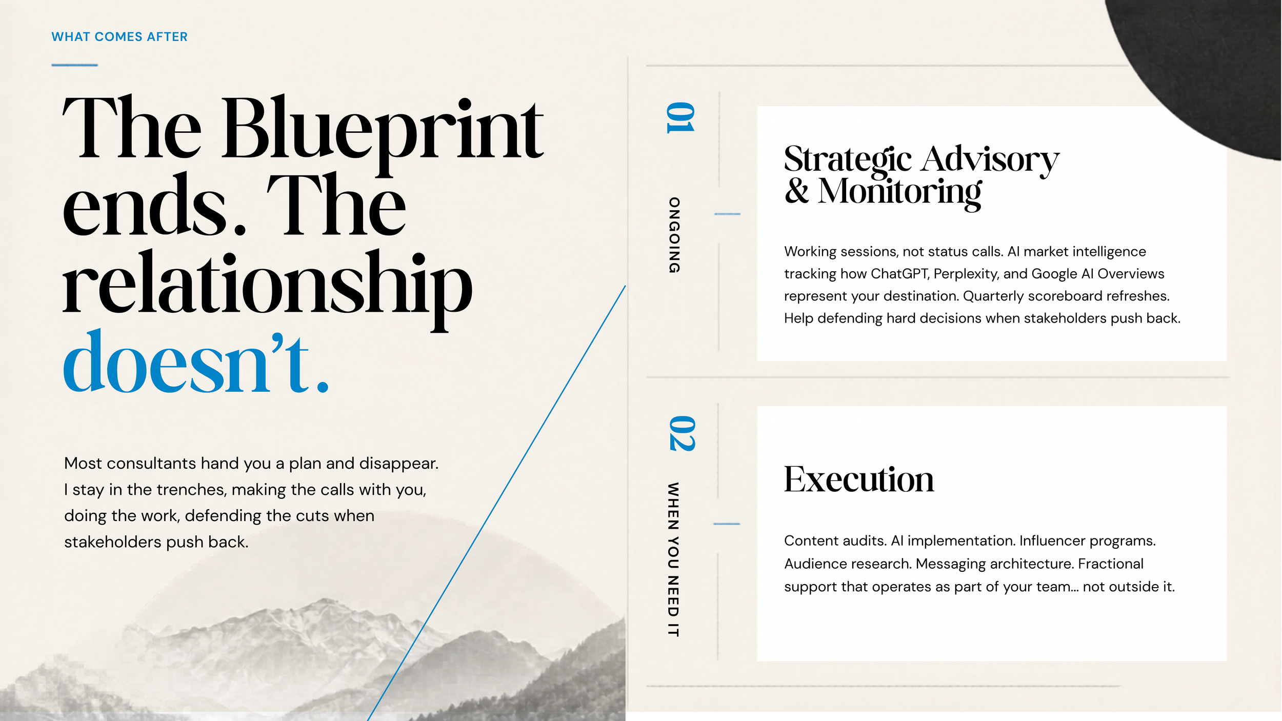 Close-up of a magazine or report page with bold black and blue text discussing strategic advisory, monitoring, and execution in a professional business context.