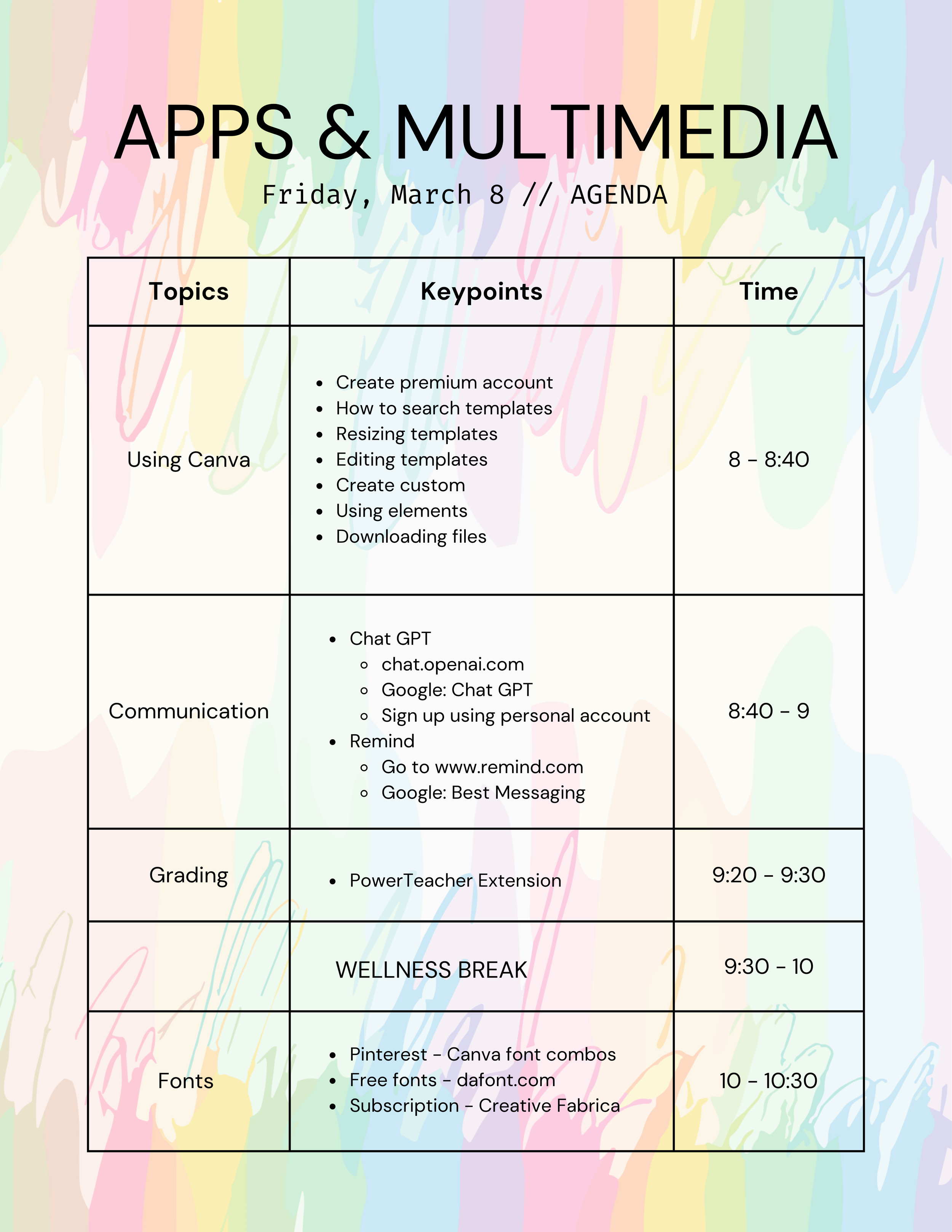 A colorful schedule or agenda for a workshop or seminar on Apps & Multimedia, dated Friday, March 8, with activities including creating accounts, searching templates, editing, creating custom designs, communication tools like ChatGPT, and a wellness 