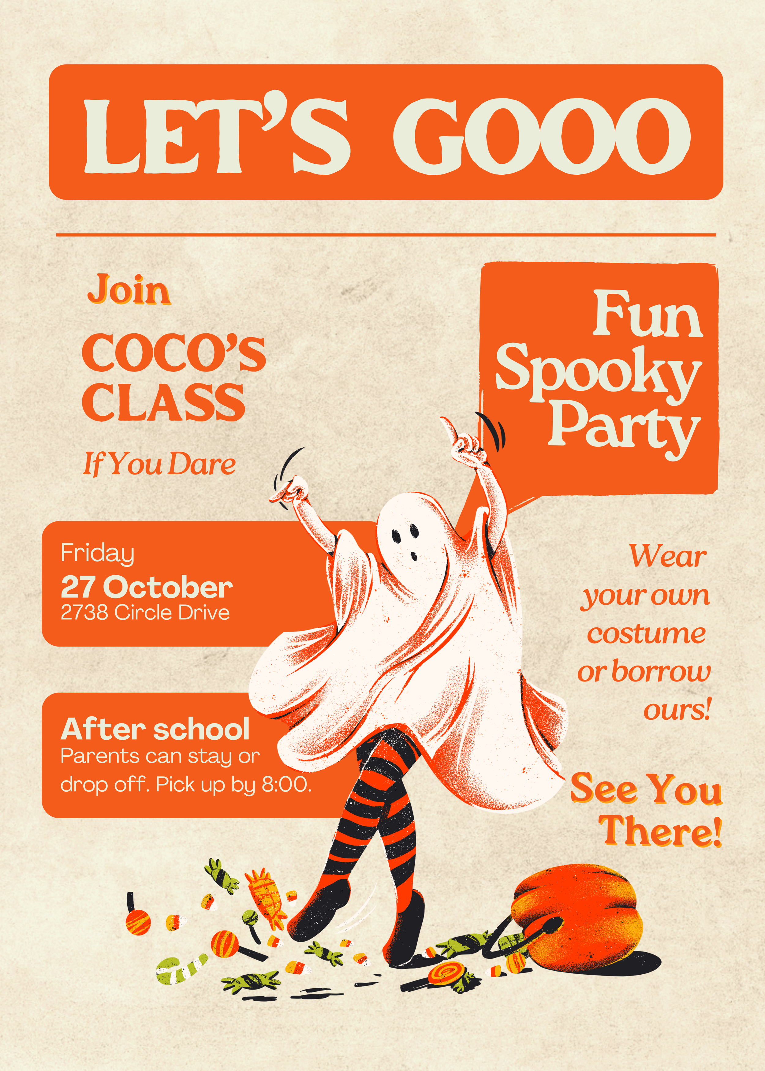 A Halloween-themed flyer promoting a spooky party with details for a class at Coco's, scheduled for October 27th. The flyer features a cartoon ghost and candy scattered on the floor, with orange and beige colors and playful text.