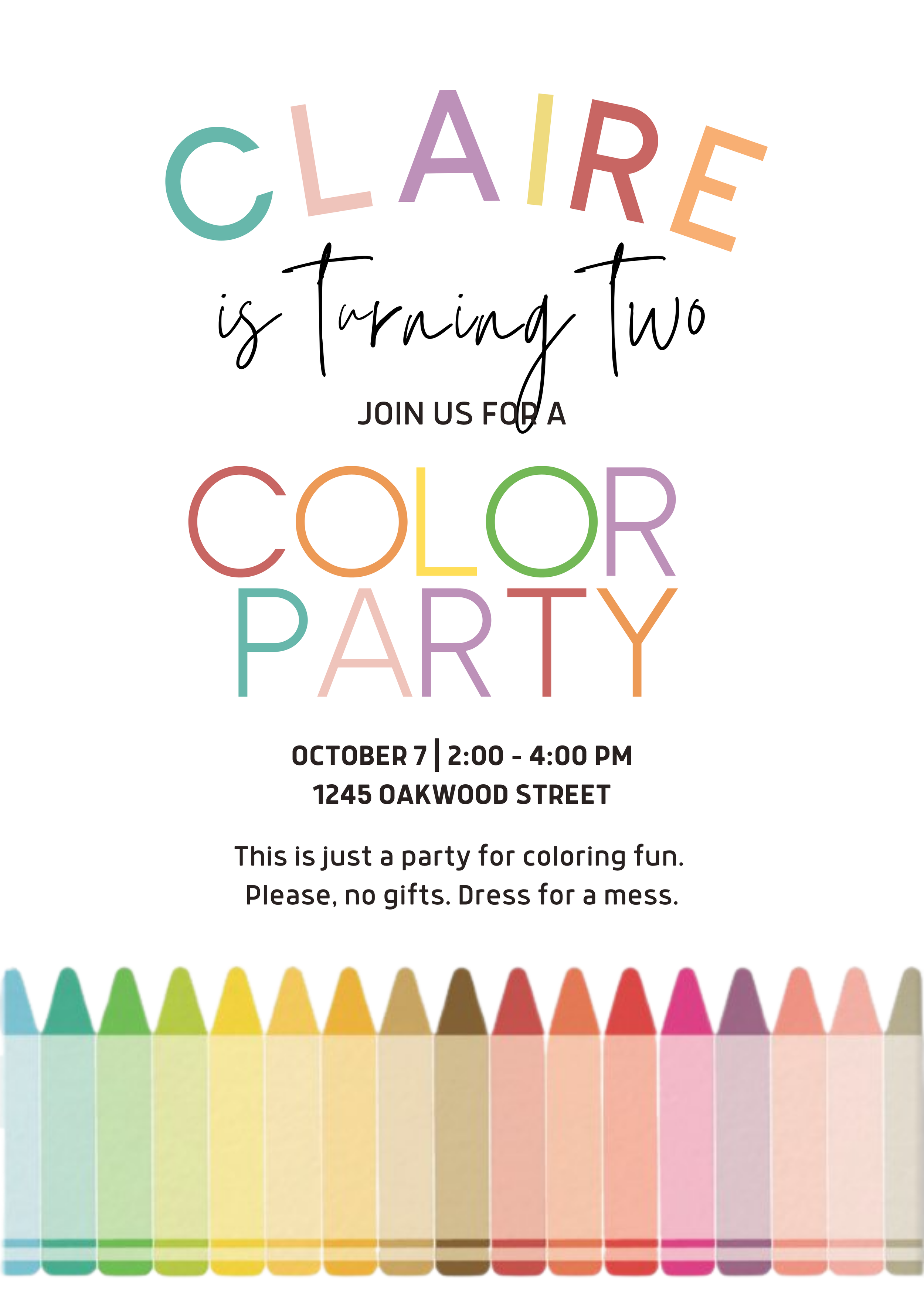Invitation to a coloring party for a girl named Claire, scheduled for October 7 from 2:00 to 4:00 PM at 1245 Oakwood Street, with colorful text and crayon border.