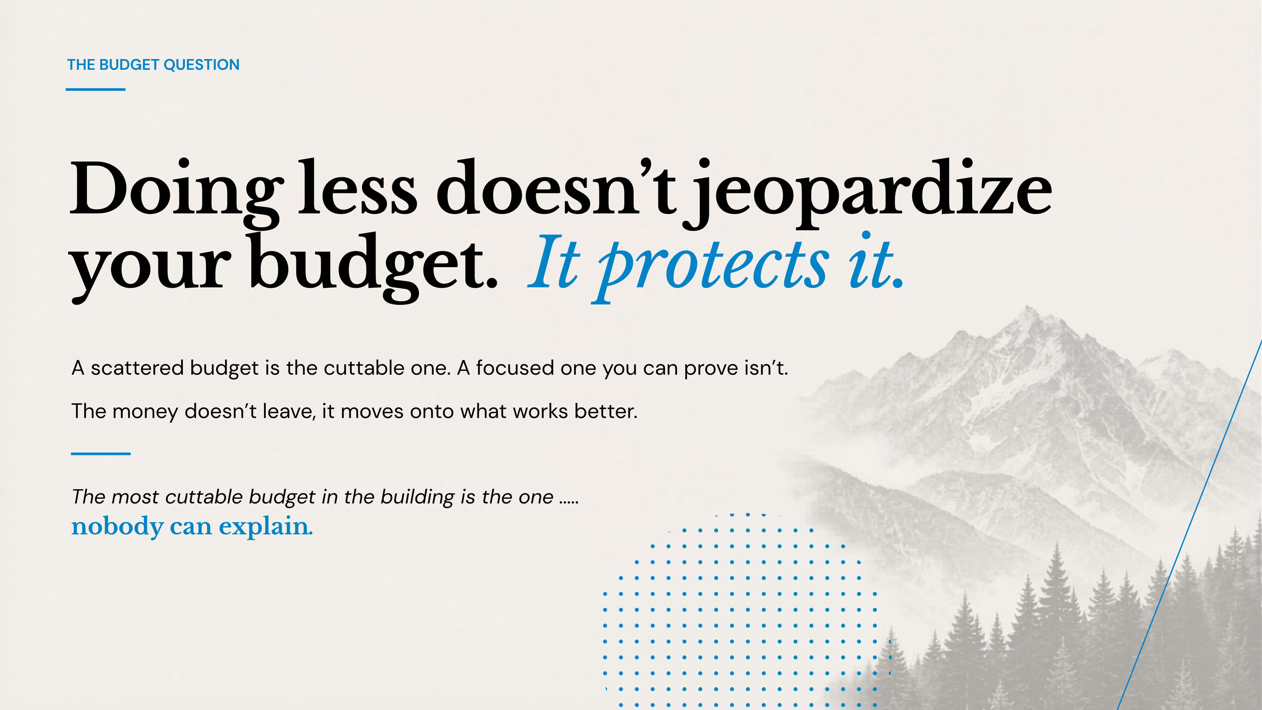 A digital poster with the title 'The Budget Question' and the main message 'Doing less doesn’t jeopardize your budget. It protects it.' The background features a mountain landscape with pine trees and blue dotted design elements.
