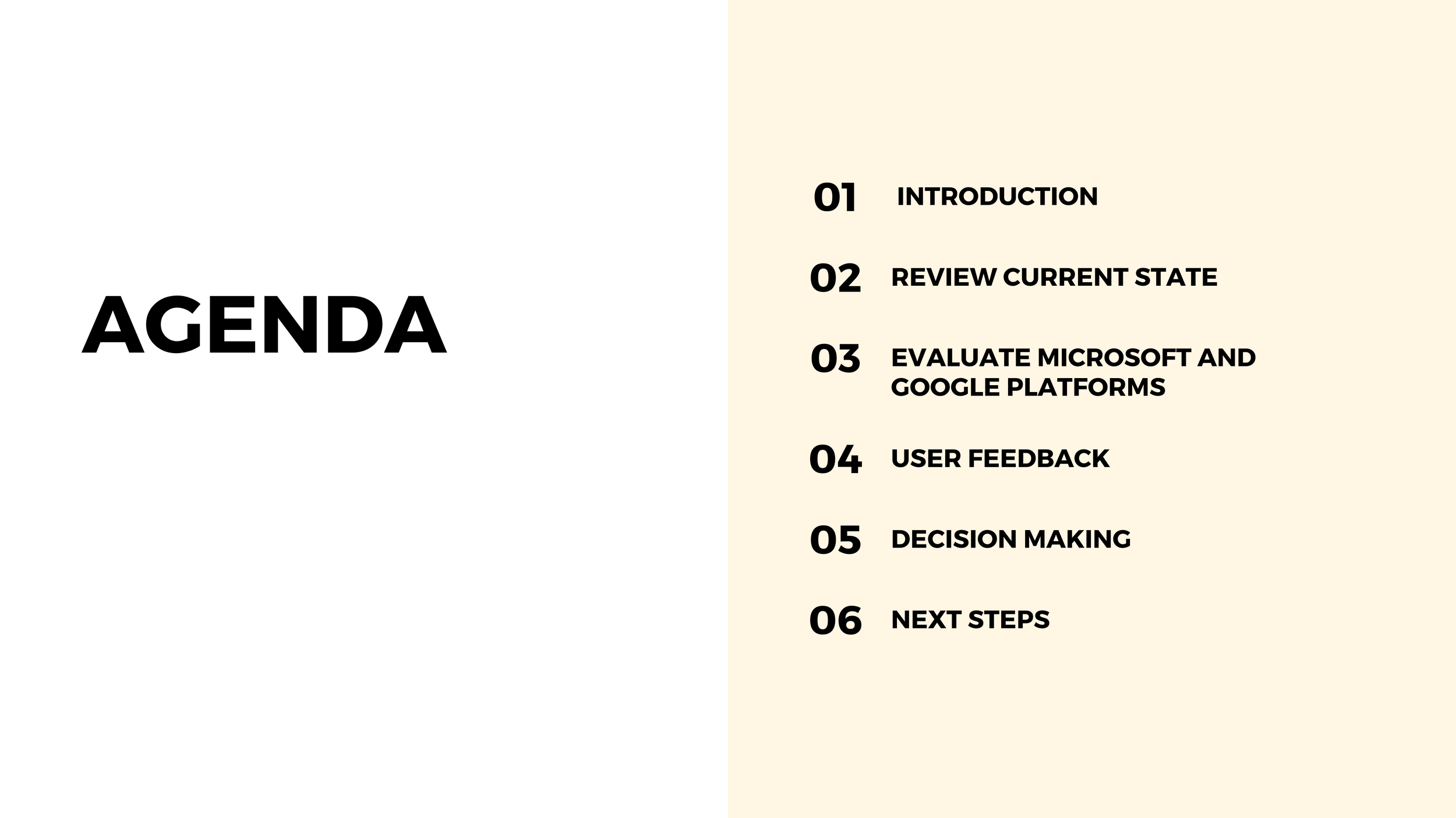 Slide titled 'Agenda' with a list of items including Introduction, Review Current State, Evaluate Microsoft and Google Platforms, User Feedback, Decision Making, Next Steps. The slide has a beige background with black text.
