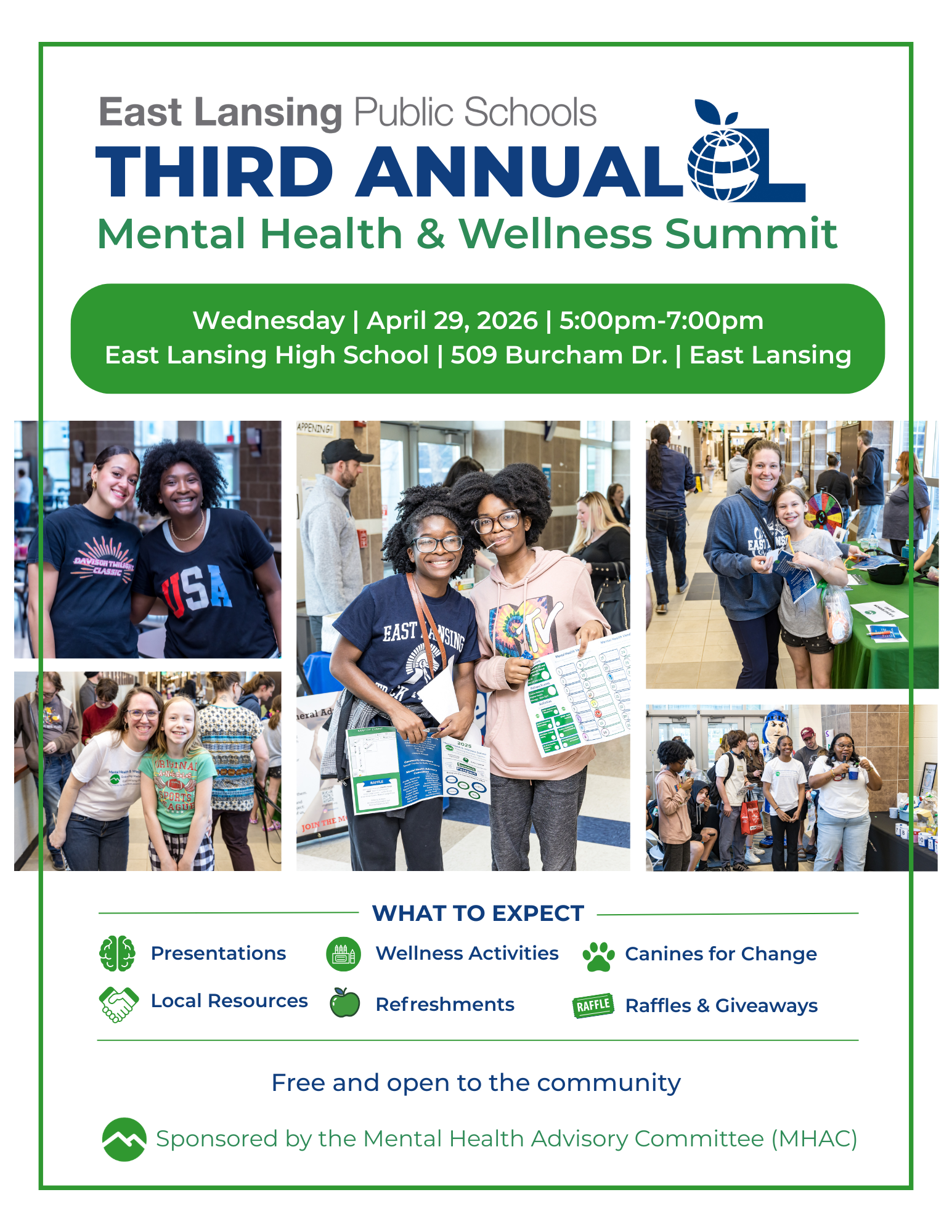 Flyer for the East Lansing Public Schools Third Annual Mental Health & Wellness Summit. The flyer features photos of diverse students and community members at the event, information about activities such as presentations, wellness activities, and dog