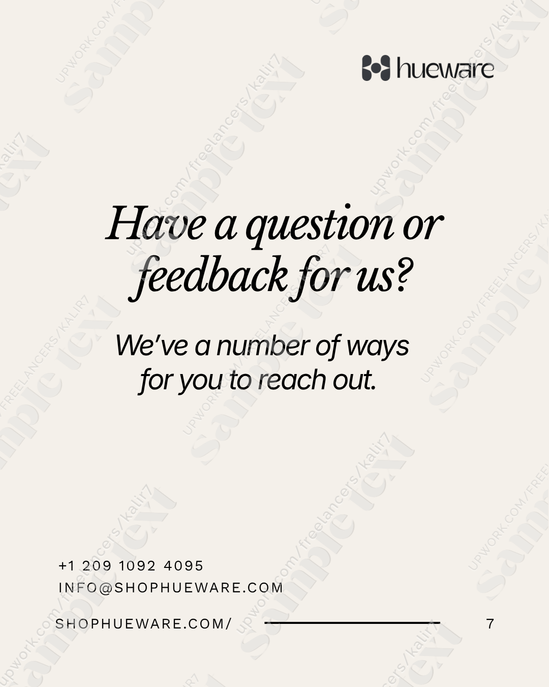 A contact information card for hueware with the message "Have a question or feedback for us? We've a number of ways for you to reach out." The card includes a phone number, email, website, and a blank space for additional contact details. The design 