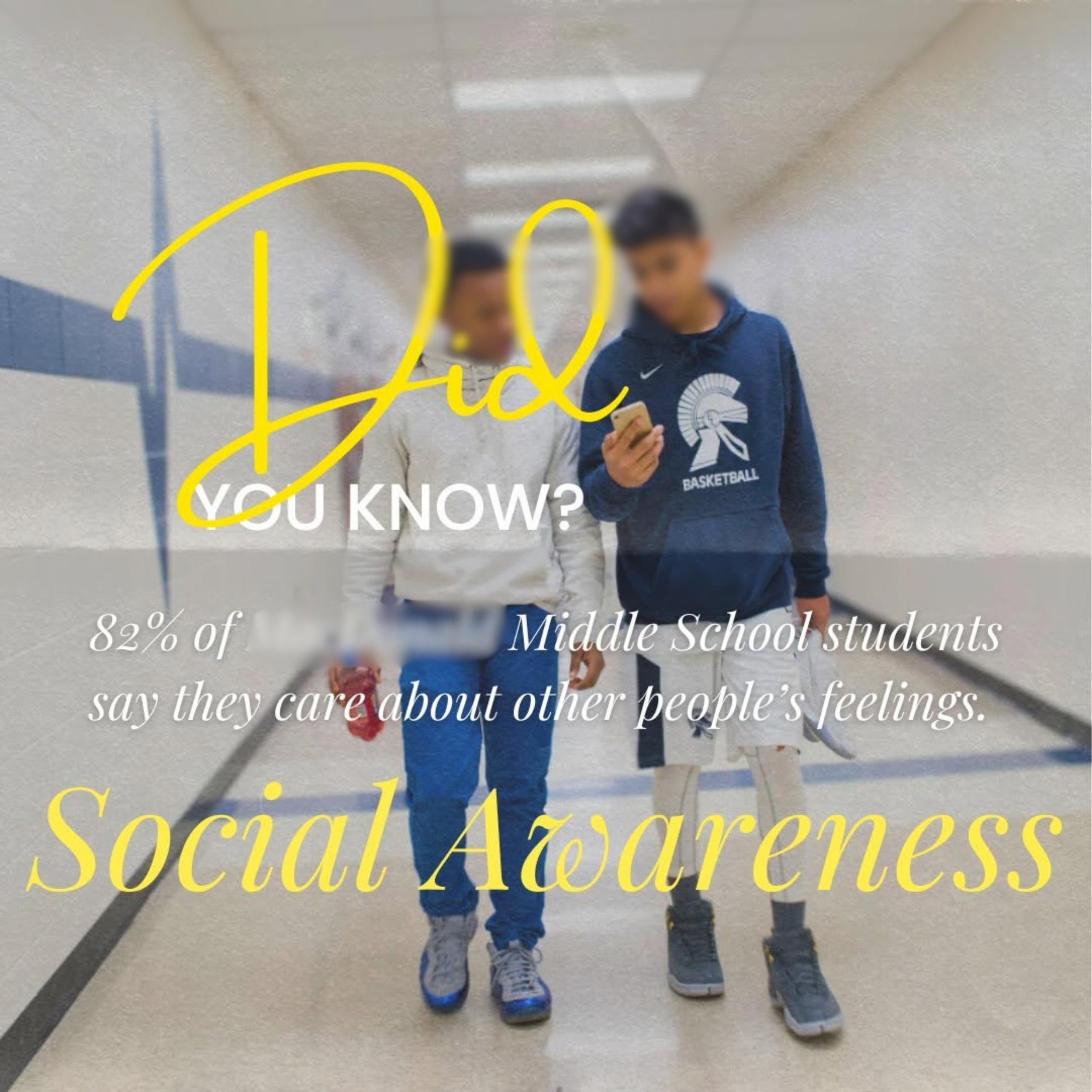 Two middle school boys stand close together in a hallway, looking at a smartphone; one wears a dark blue basketball sweatshirt with a Spartans logo, and the other wears a white hoodie. There is a large yellow handwritten number 100 and text overlaid 