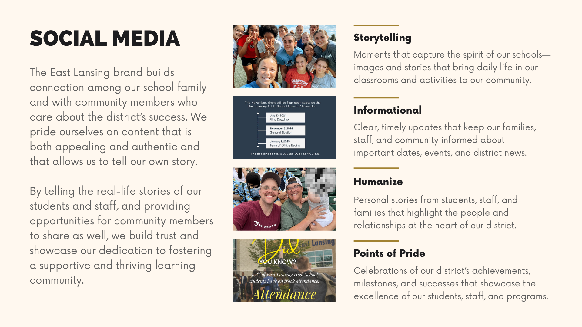 A webpage about East Lansing schools highlighting social media, storytelling, informational updates, humanizing stories, and points of pride, with images of students and staff.