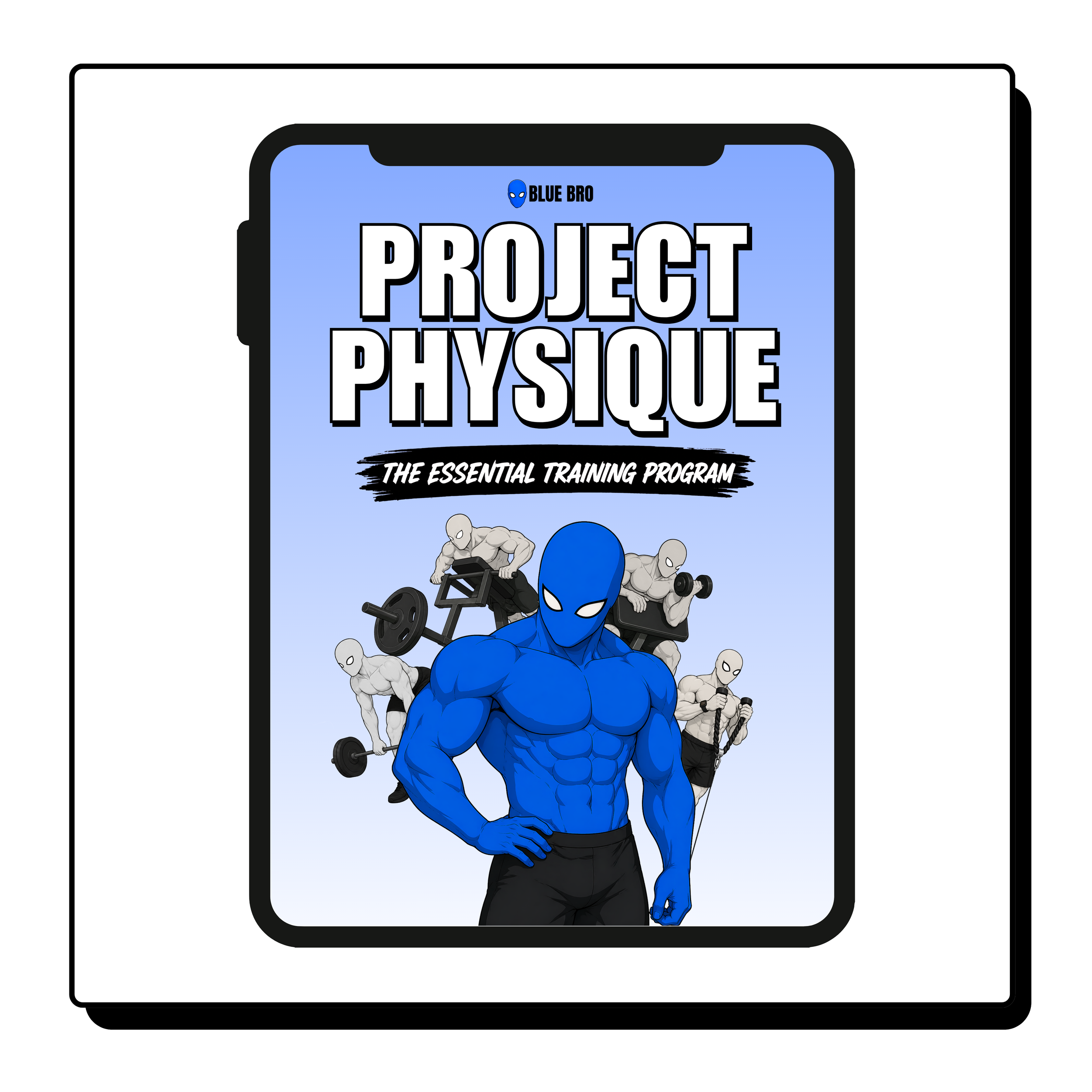 A book cover titled 'Project Physique' features a muscular, blue superhero figure posing with arms crossed, surrounded by smaller, grey superhero figures, and the subtitle 'The Essential Training Program'.