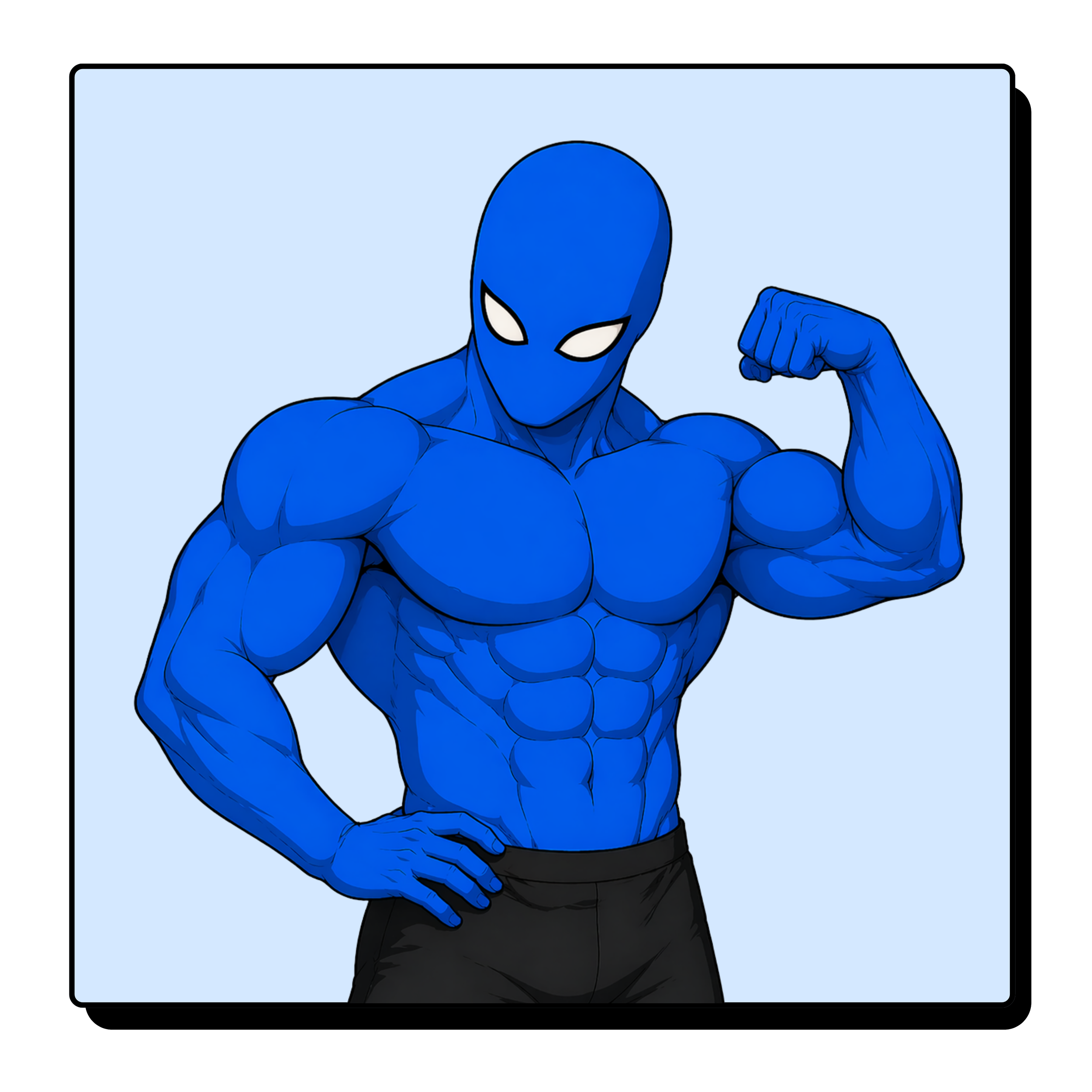 A cartoon illustration of a muscular person wearing a blue mask and blue costume, flexing their bicep with one hand on their hip against a light blue background.