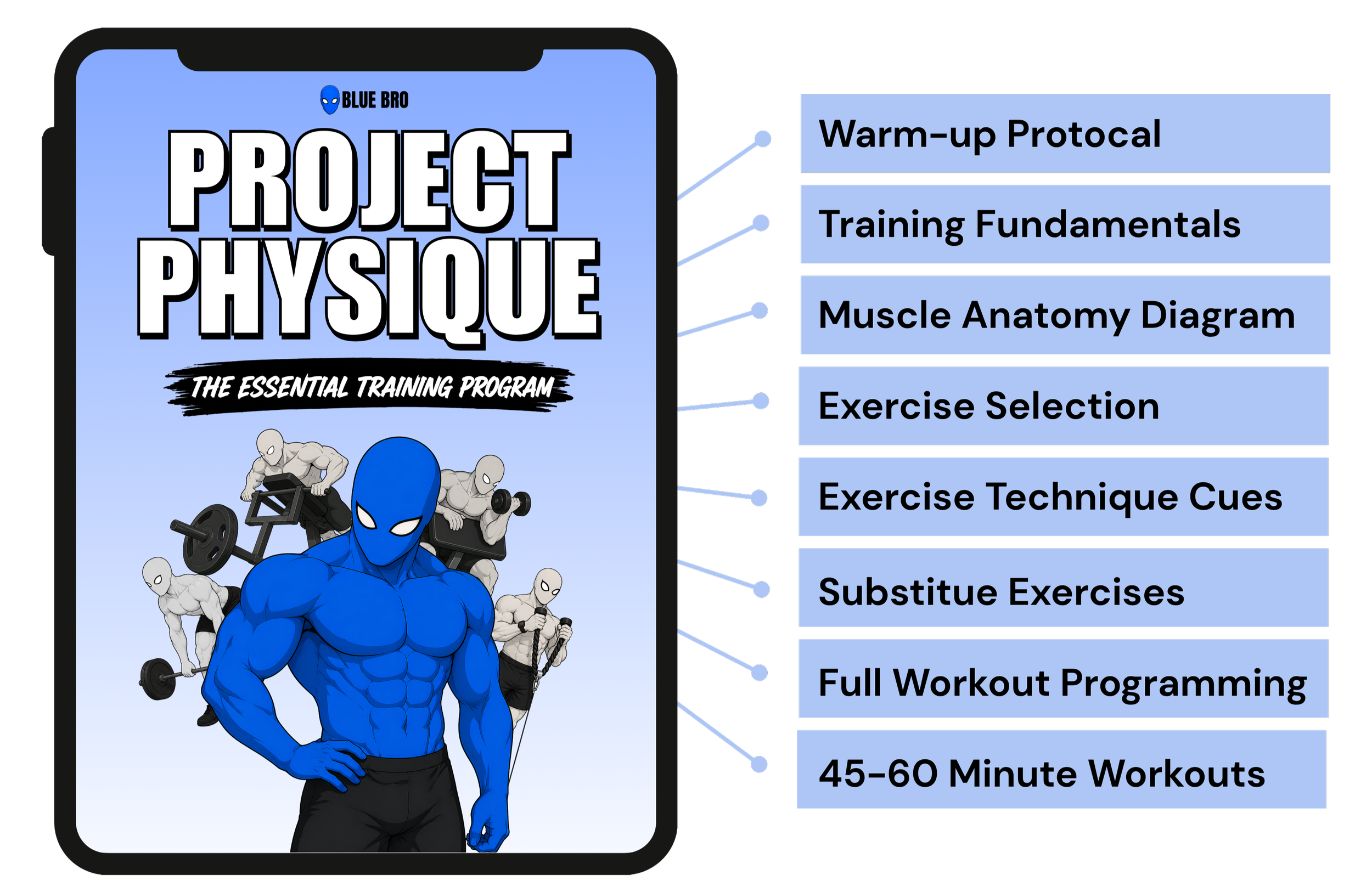 Illustration of a fitness app interface titled 'Project Physique' with a muscular blue superhero figure and smaller characters lifting weights. The interface includes sections for warm-up protocols, training fundamentals, muscle anatomy diagram, exercise selection, exercise technique cues, substitute exercises, and an about section.