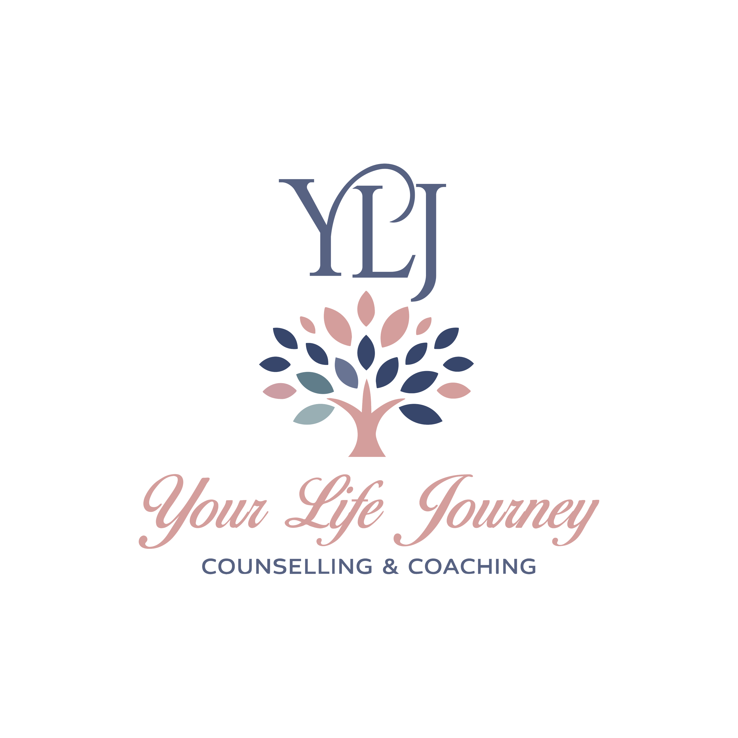 Logo for Your Life Your Journey Counselling and Coaching featuring a stylized tree with leaves in shades of pink, blue, and beige, and text in elegant fonts.