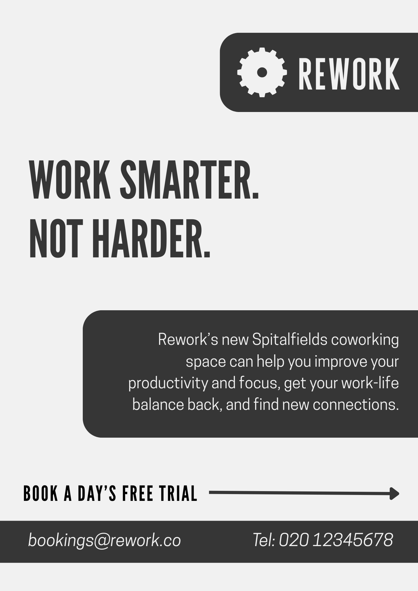 A beginner flyer created to for a course projected - designed to promote a coworking space to hip professionals