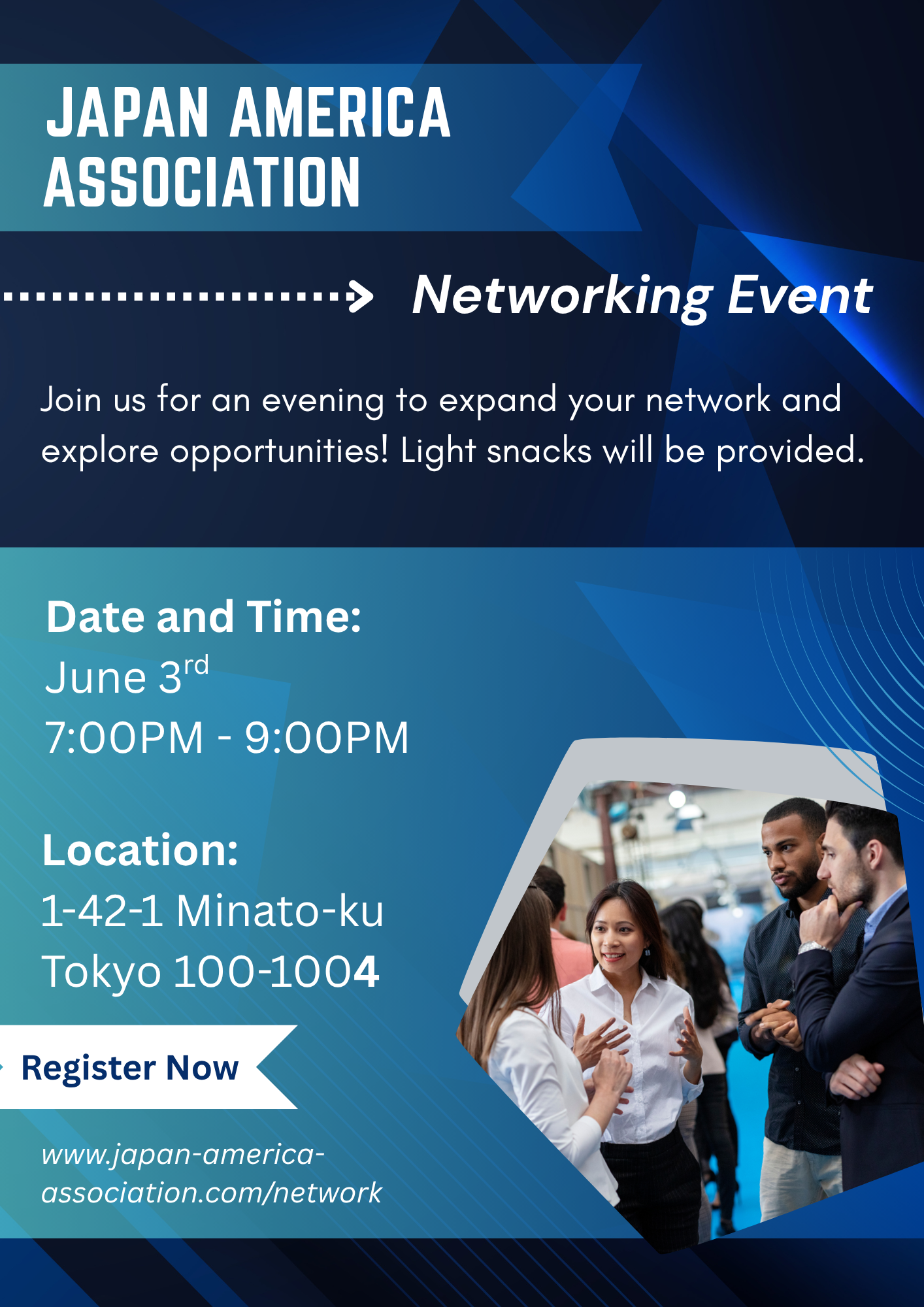A flyer created for a personal project, promoting a networking event for a fictional association 