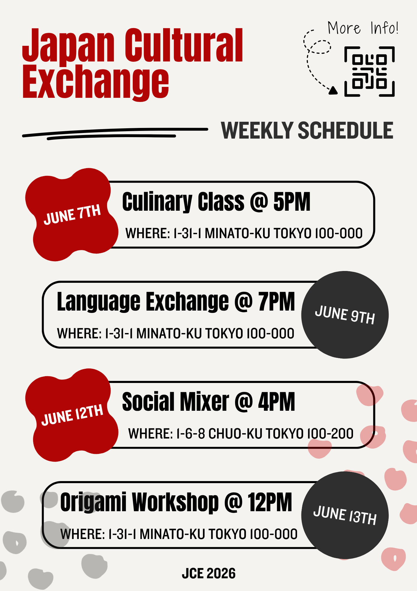 A flyer created for a personal project, showcasing monthly events for a fictional cultural group