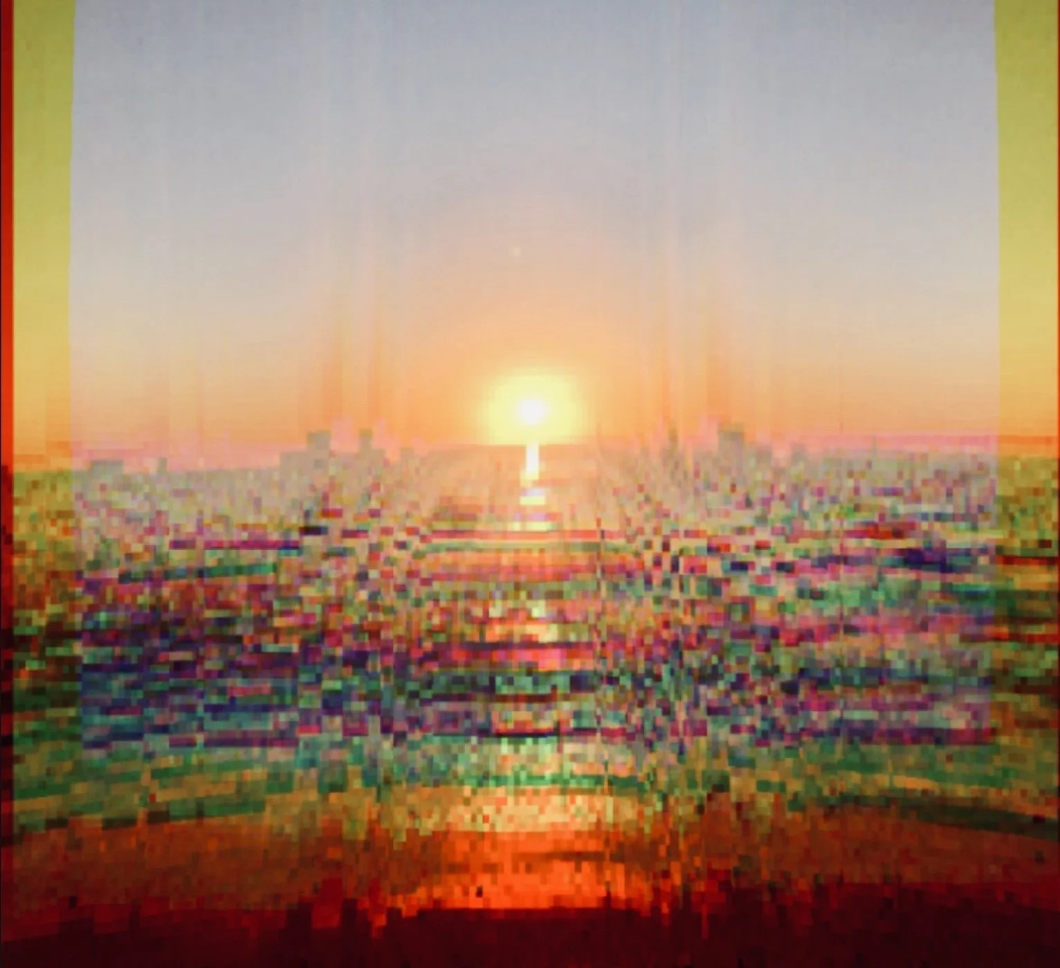 Pixelated image of a sunset over a the ocean with colorful glitchy reflections on the water.