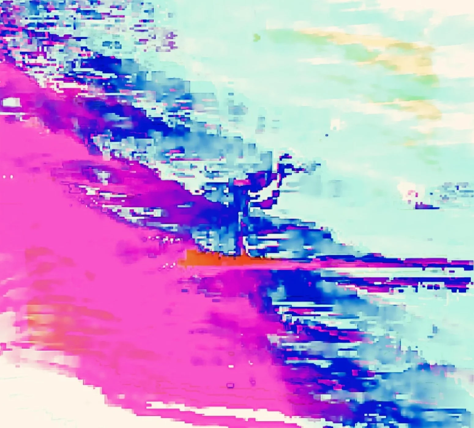 An abstract digital color wash featuring pink, blue, and cyan stripes with glitches.