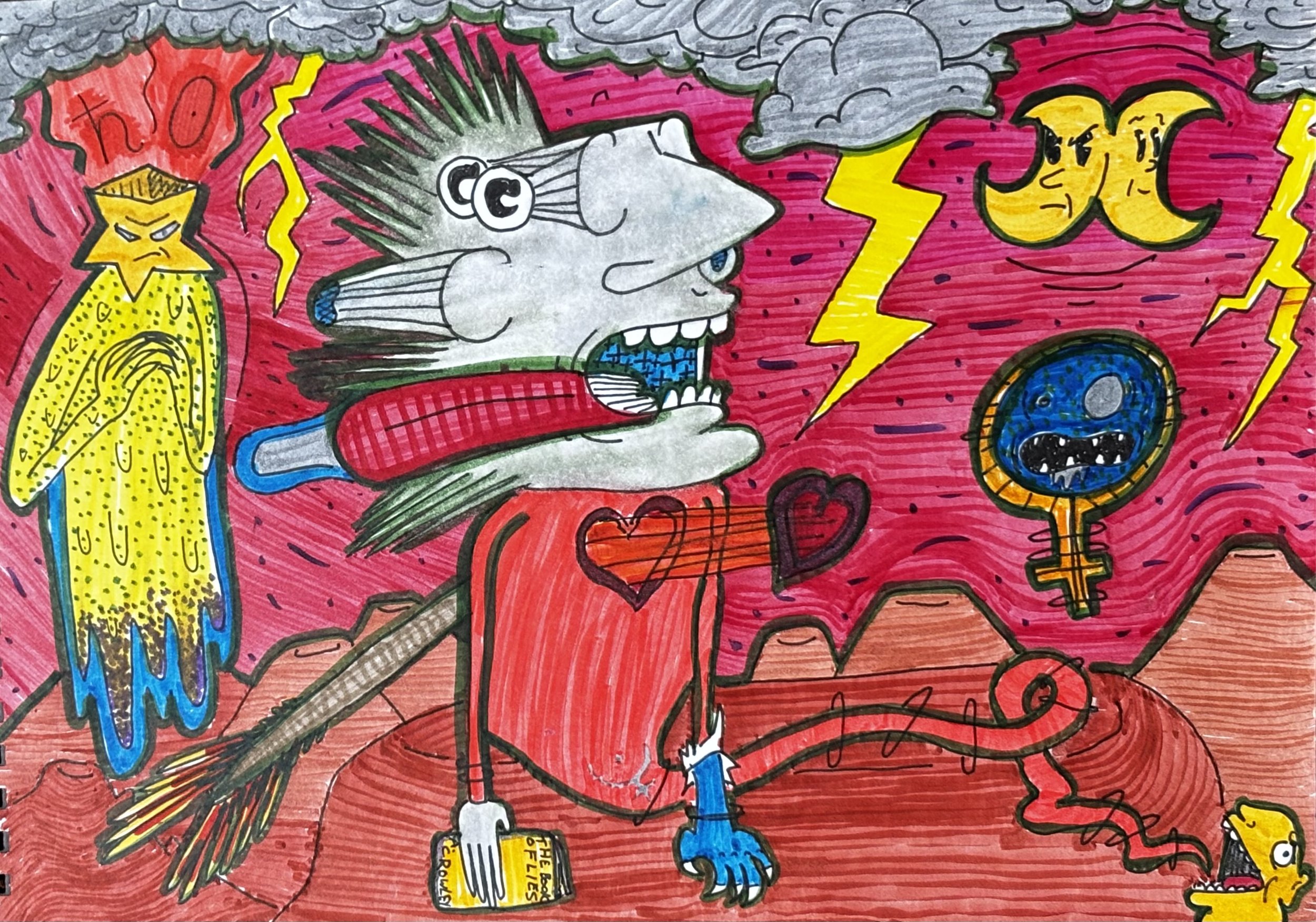 Colorful hand-drawn cartoon-style image depicting a large gray figure with eyes popping out of its head backwards, big cartoon teeth, and a shocked expression, with a red body. On the left, there is a sinister yellow being with a frown and crossed ar