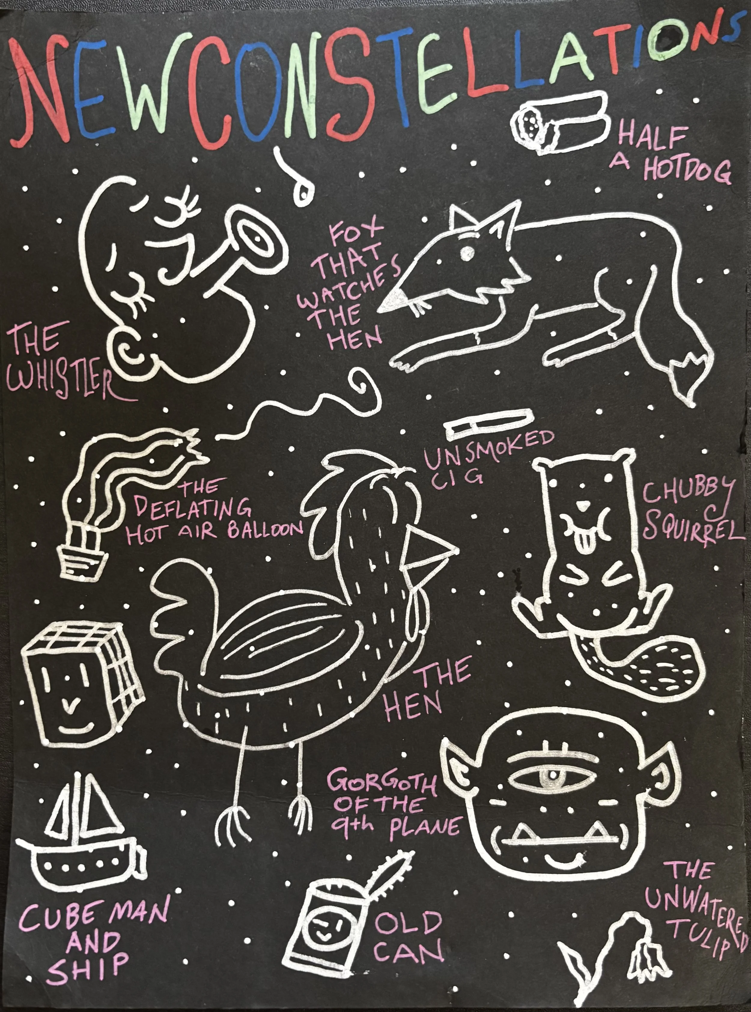 Colorful paint marker drawing on a black background featuring humorous illustrations and labels of various objects and animals, including a white cat labeled 'The Whiteer,' a mouse with a hotdog labeled 'Half a Hotdog,' a whale labeled 'The Hen,' a s