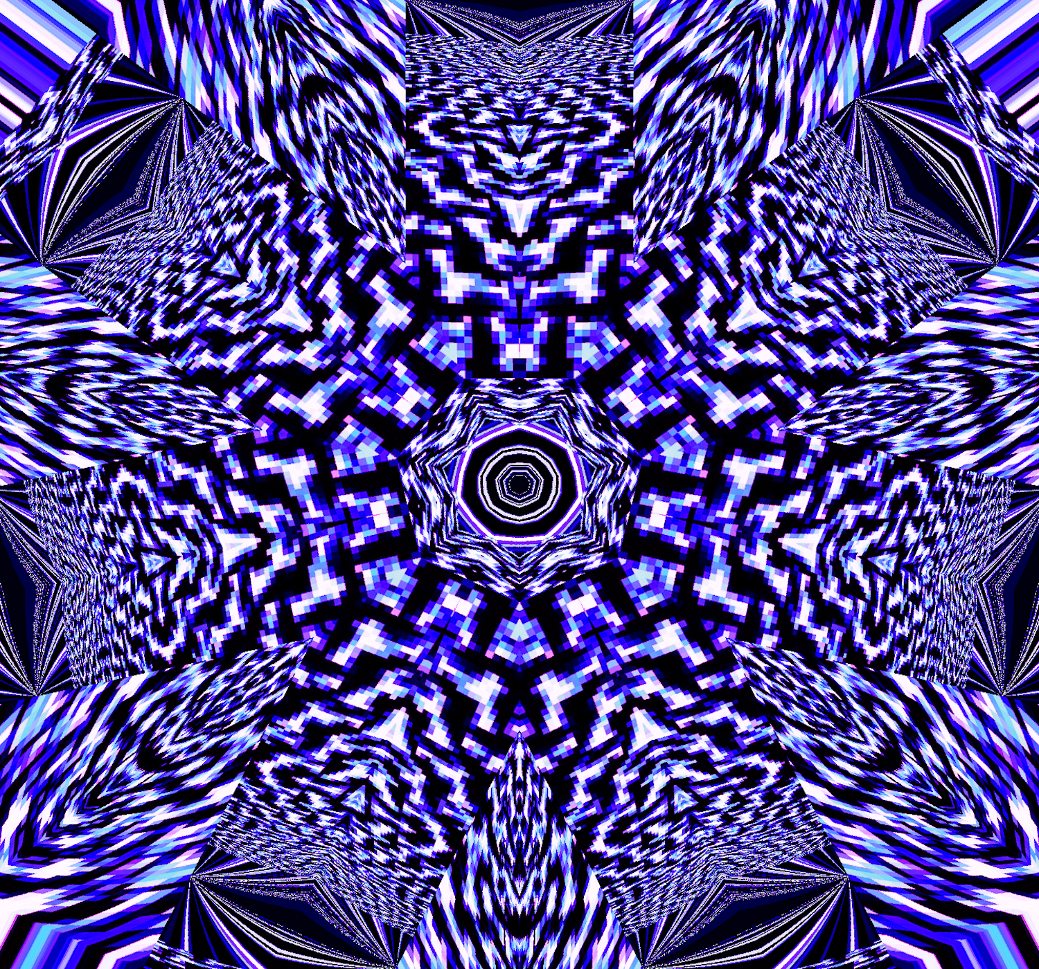 A symmetrical digital abstract pattern with vibrant black, blue, purple, and white colors forming a kaleidoscopic design.