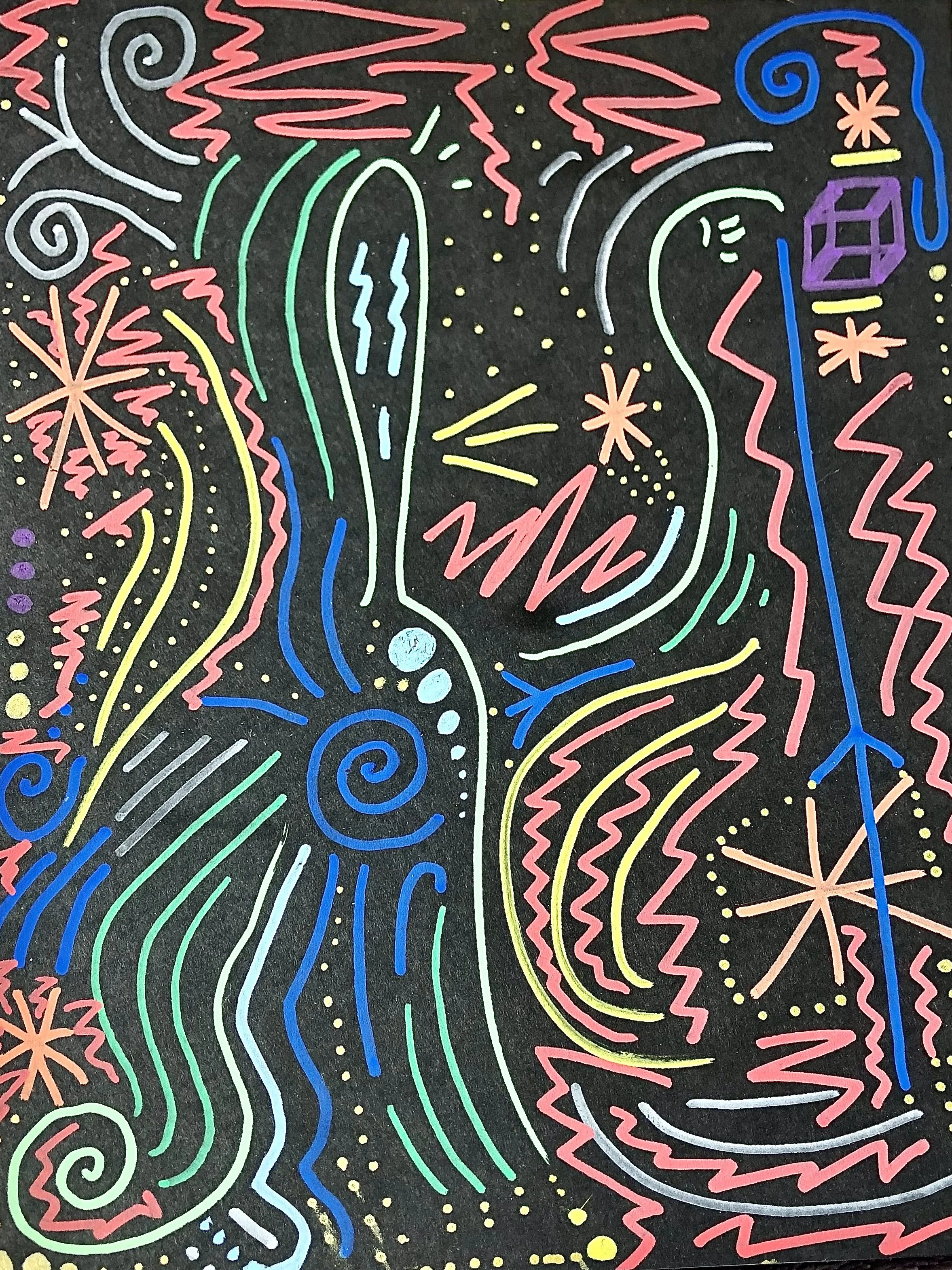 Colorful figural neon abstract drawing on black background with various shapes, lines, and spirals in pink, green, blue, purple, and yellow.