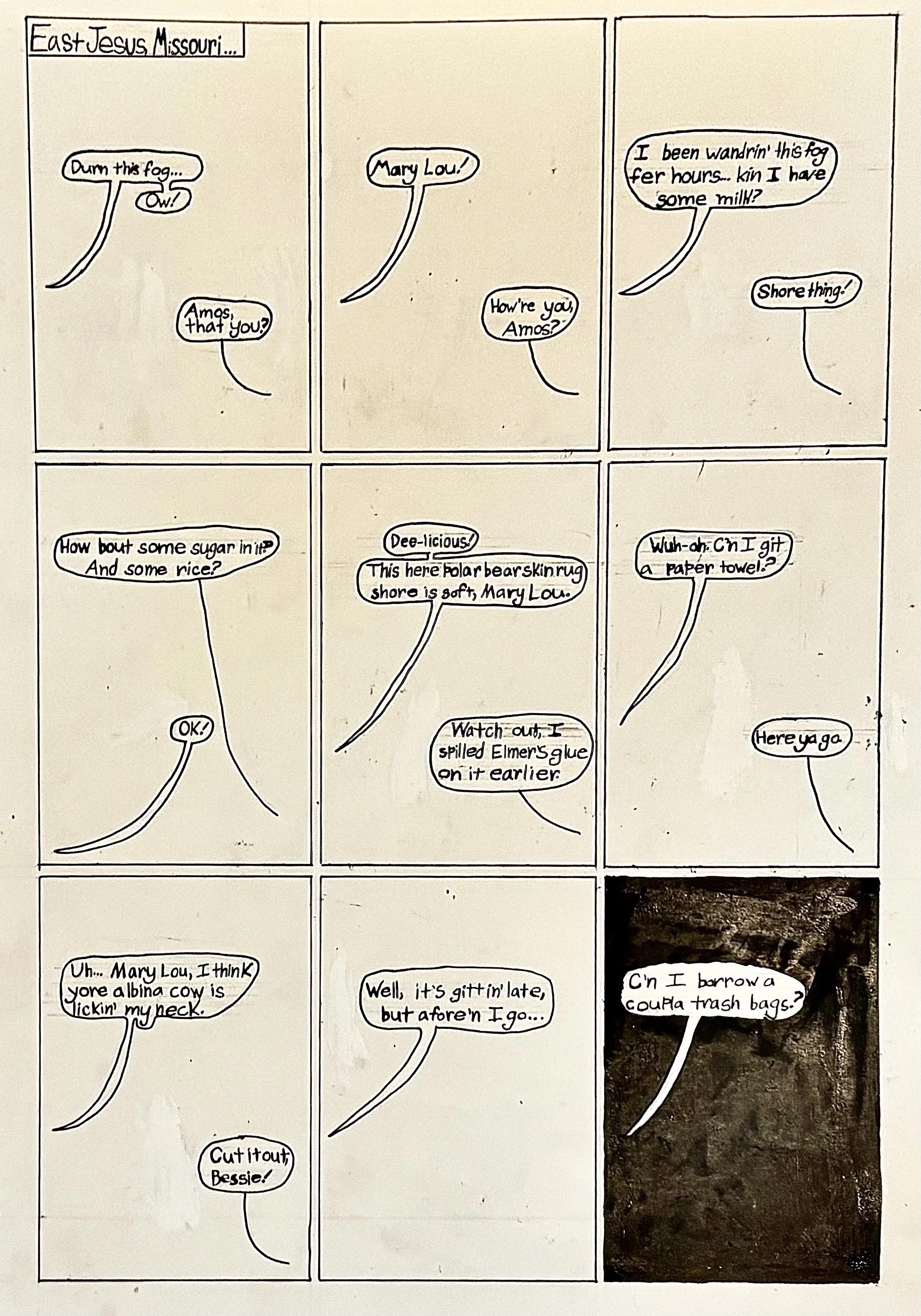 A comic strip titled 'East Jesus Missouri' with dialogue between characters involving fog, a bear rug, and asking for milk, sugar, rice, and trash bags, with a photo of dirt or pavement at the bottom right corner.