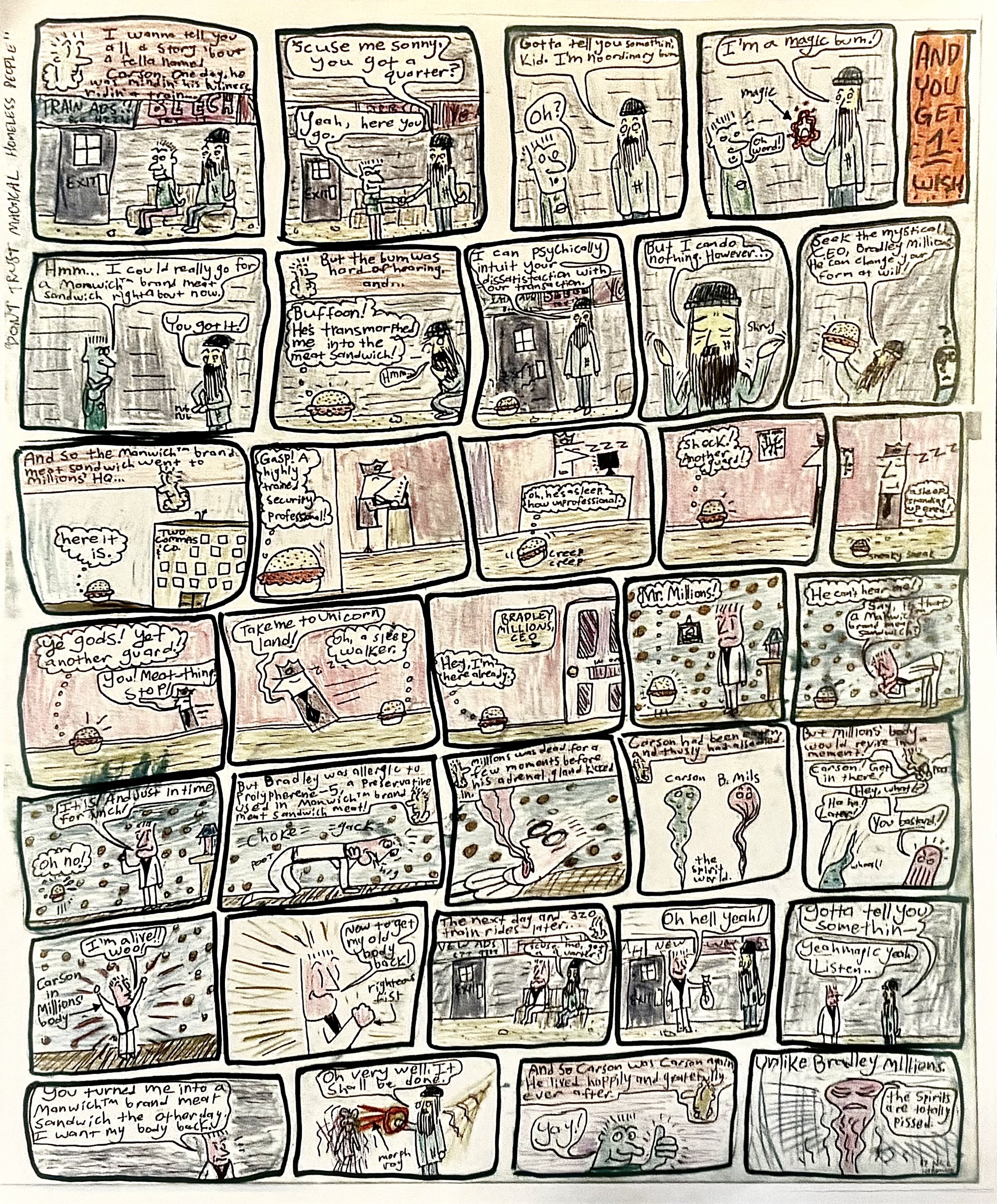 A comic strip with multiple panels, depicting a humorous story about a character transforming into a Manwich creature and having humorous interactions with others.