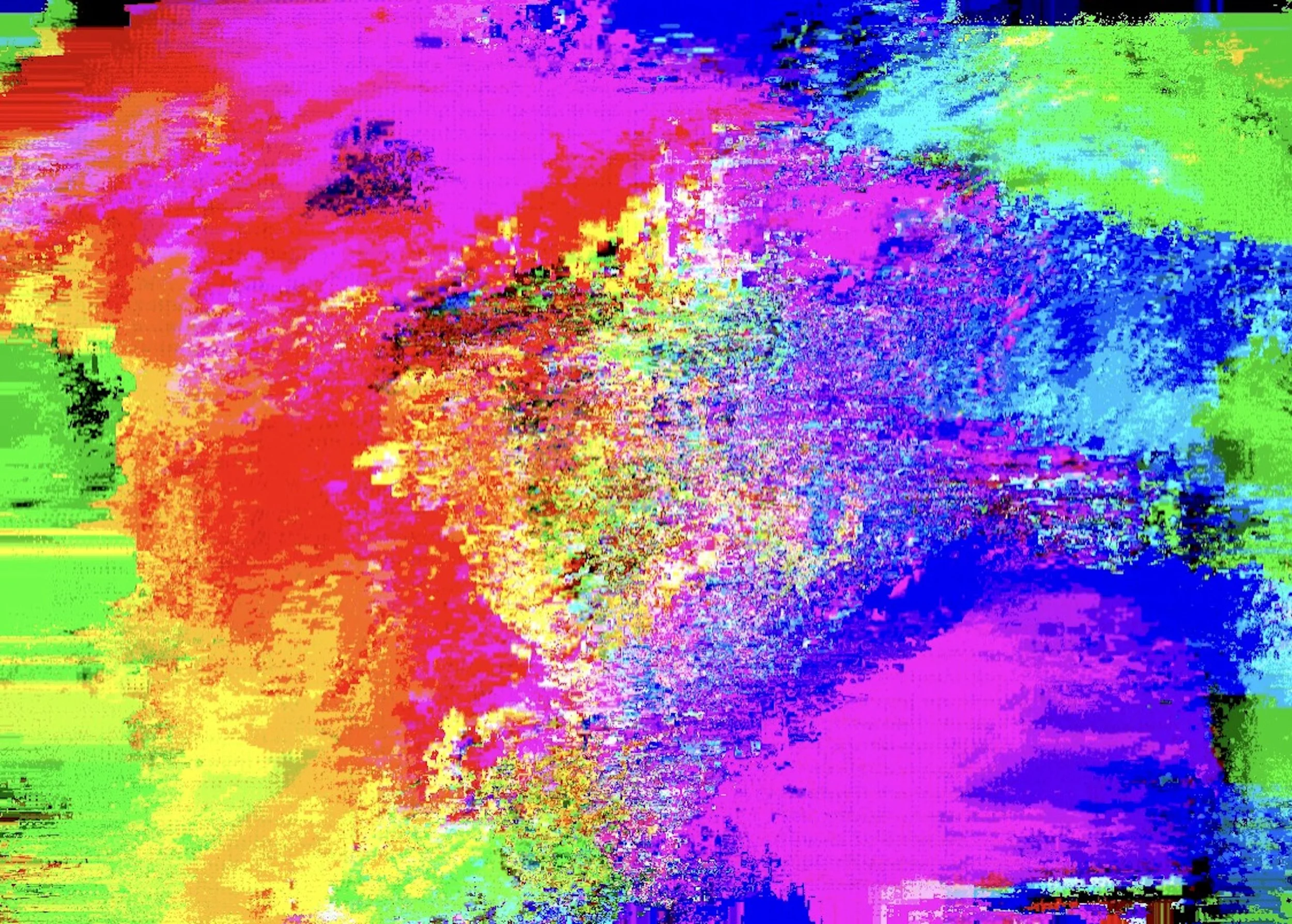 Digital glitch art with vibrant colors including pink, purple, blue, green, yellow, and red, with pixelated and distorted patterns.
