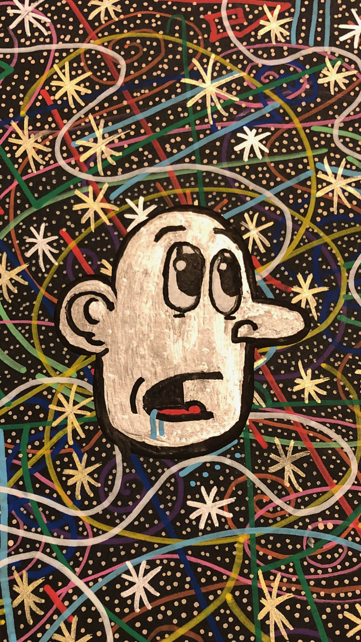 A cartoon of a surprised face with wide eyes, raised eyebrows, and an open mouth with drool, set against a vibrant, colorful background with numerous stars and swirling lines.